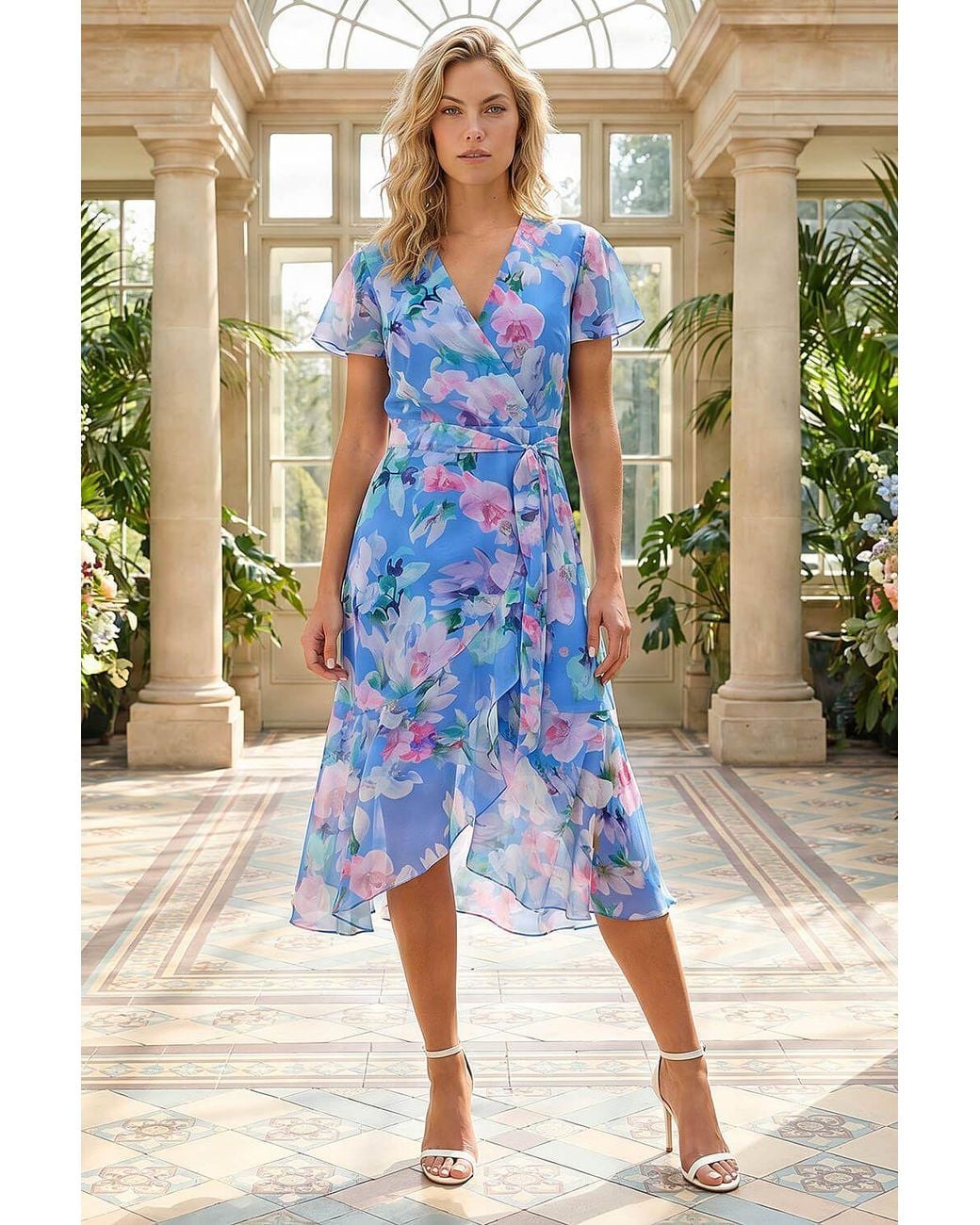 Roman Blue Floral Frill Detail Wrap Dress