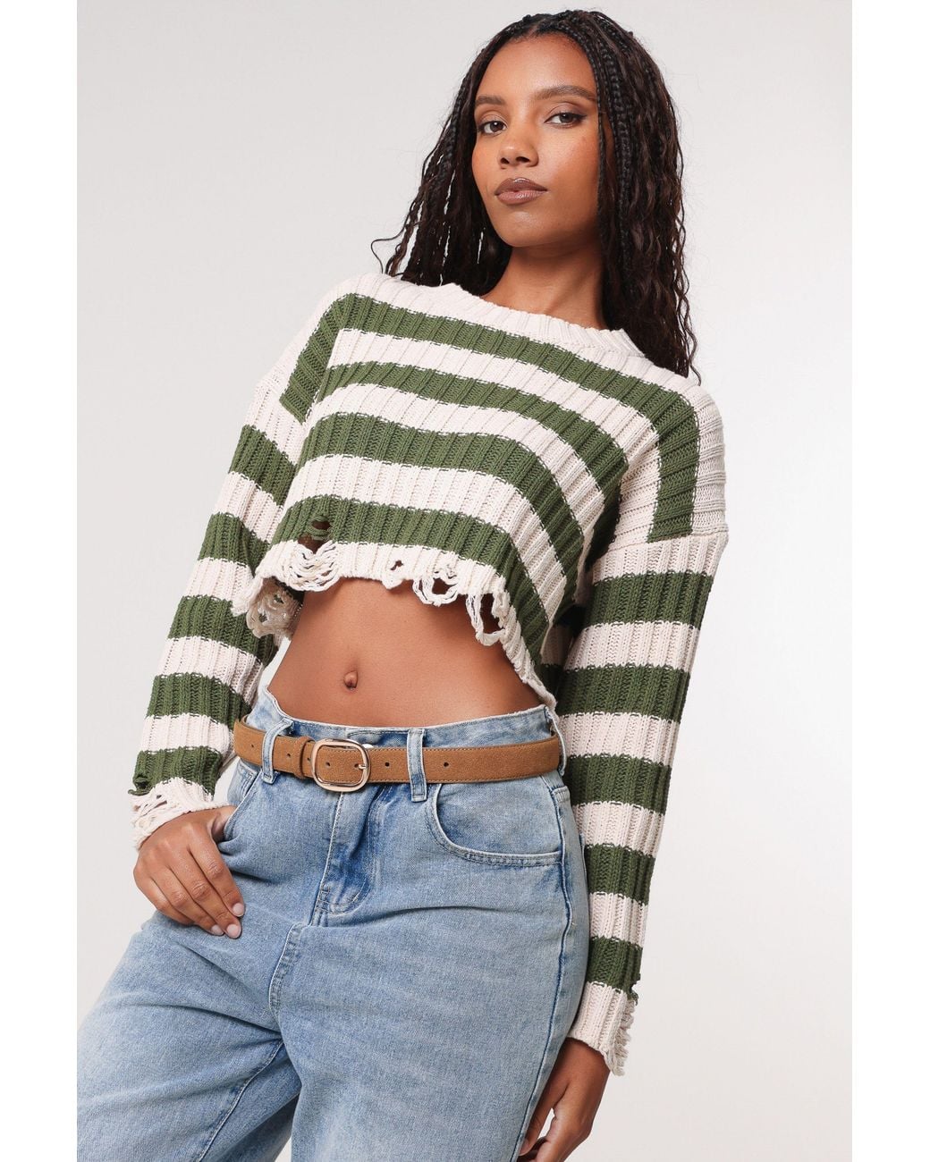 Pink Vanilla Blue Distressed Striped Crop Knit Jumper