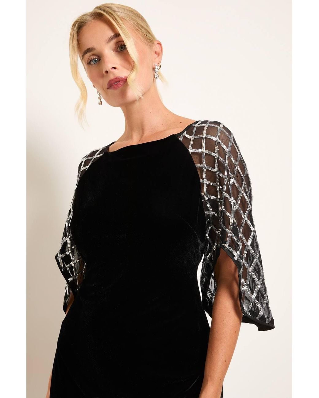 Wallis Black Petite Sequin Sleeve Square Neck Velvet Midi Dress