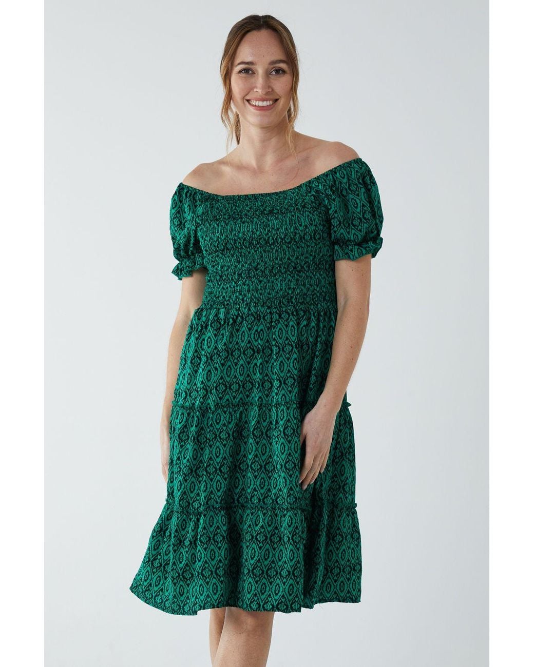 Blue Vanilla Green Puff Sleeve Shirred Dress