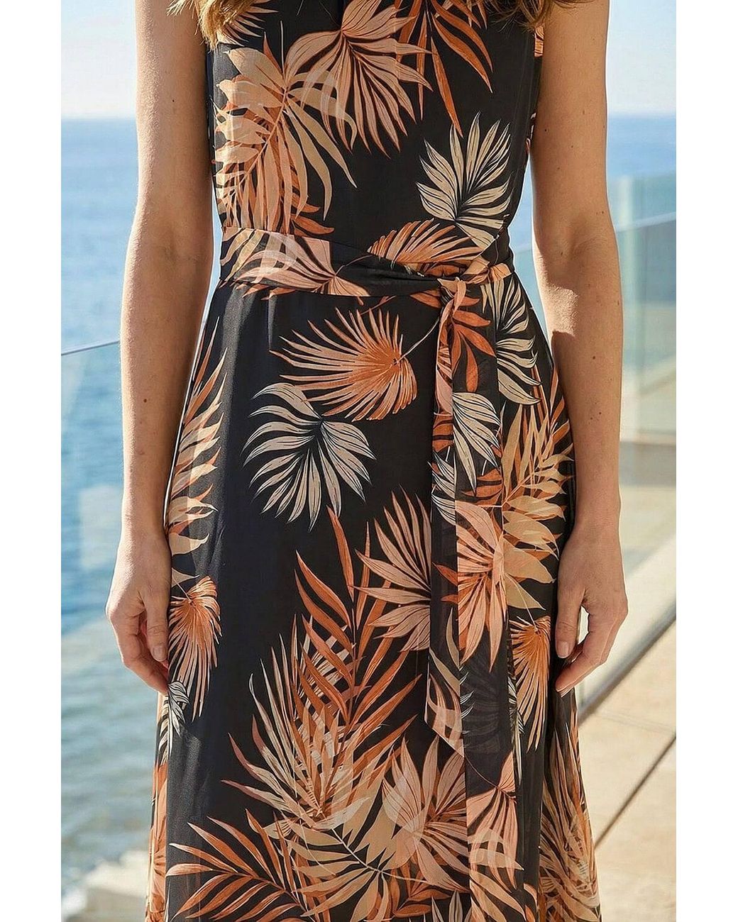 Roman Blue Leaf Print Chiffon Pleat Neck Midi Dress