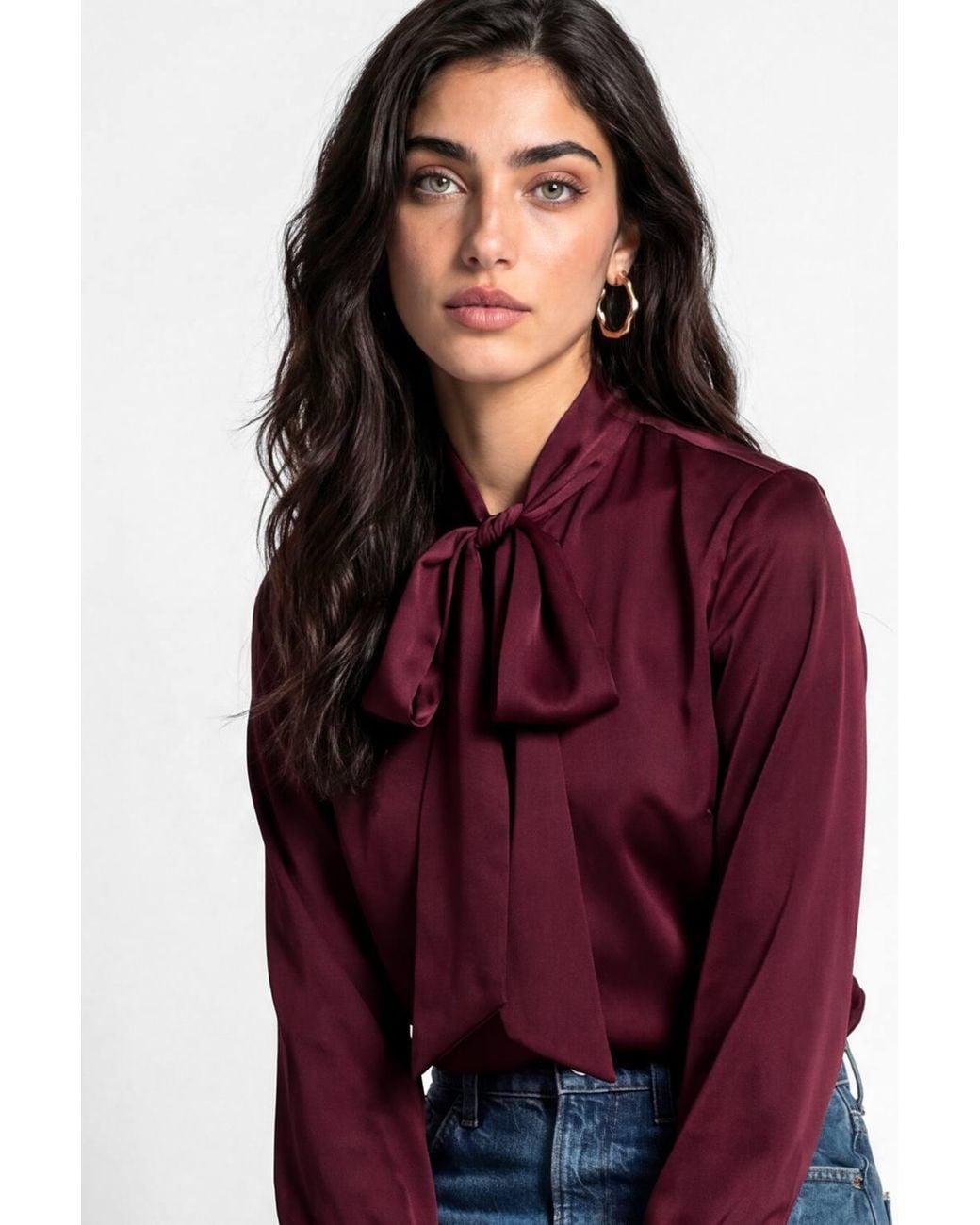 Lovedrobe Red Pussybow Collar Feather Cuffs Button Up Satin Blouse