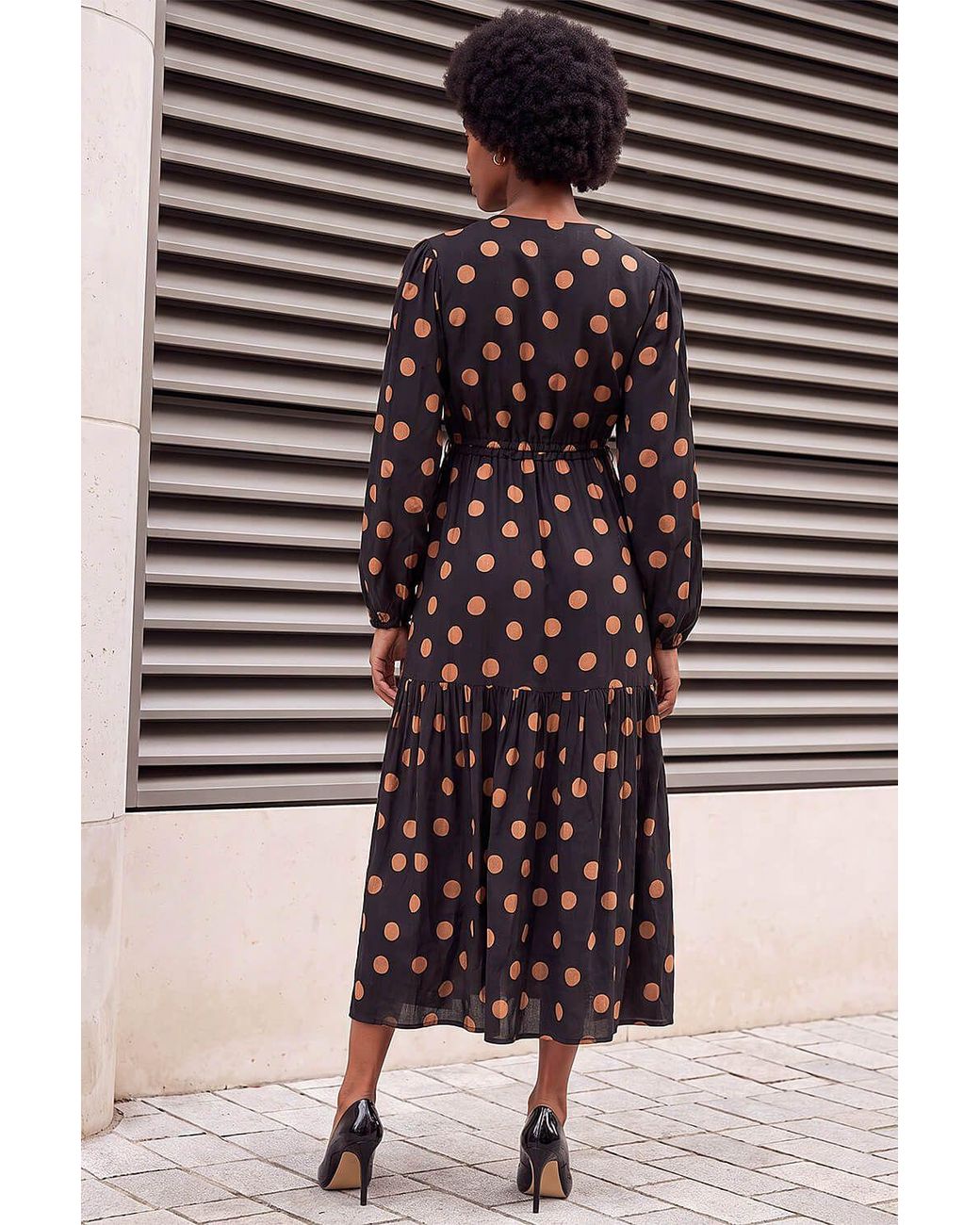 Roman Brown Polka Dot Stretch Midi Dress