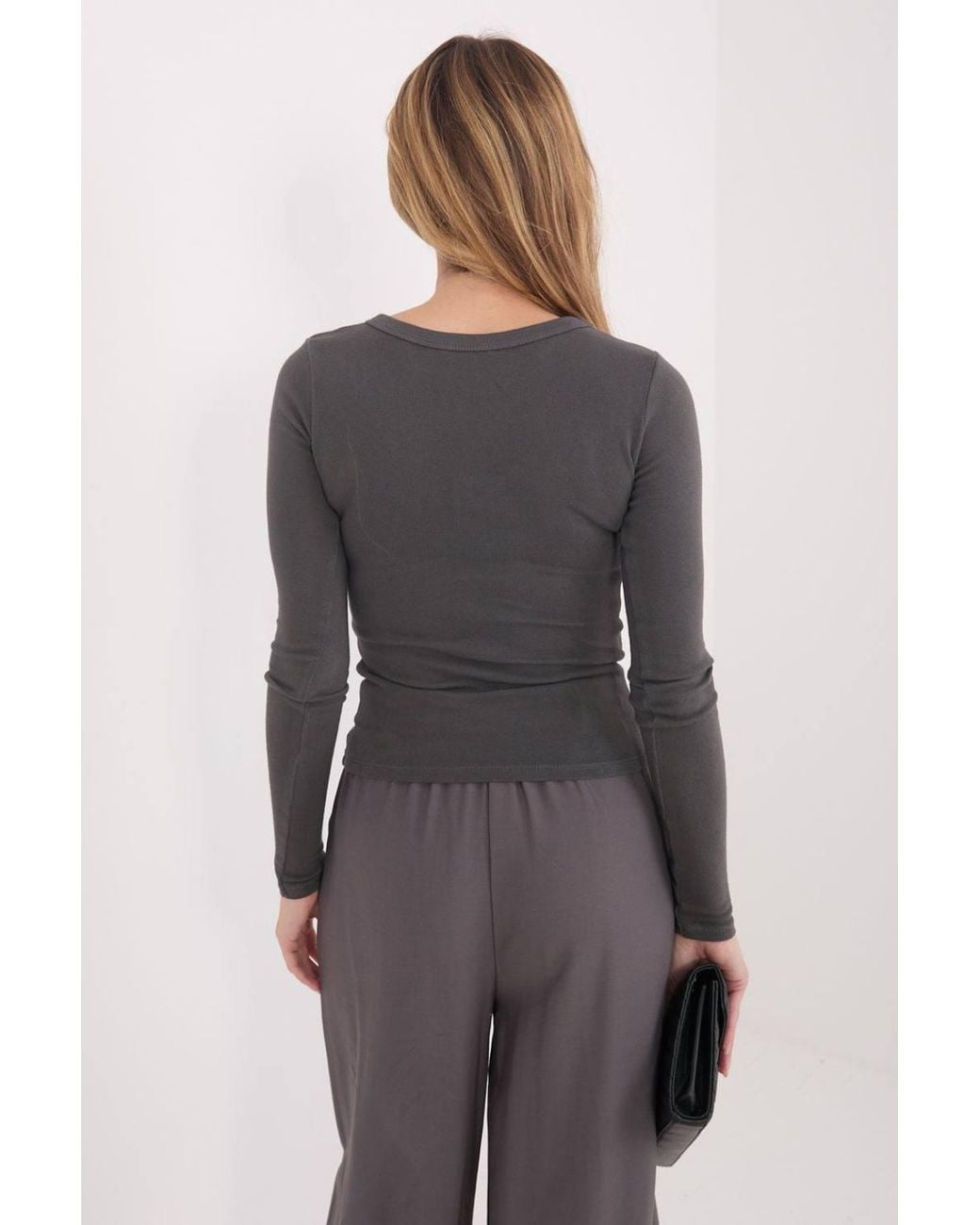 Love Lace Gray Office Cotton Round Neck Long Sleeve Shirt