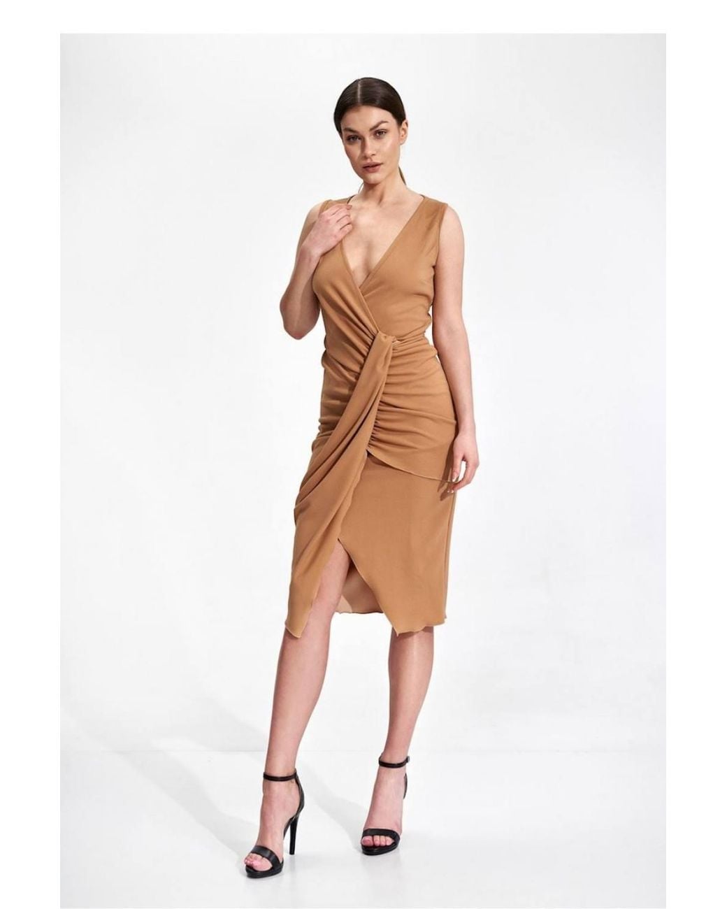 Love Lace White Cocktail Midi Dress Envelope Neck Draped Stretch Style 167987