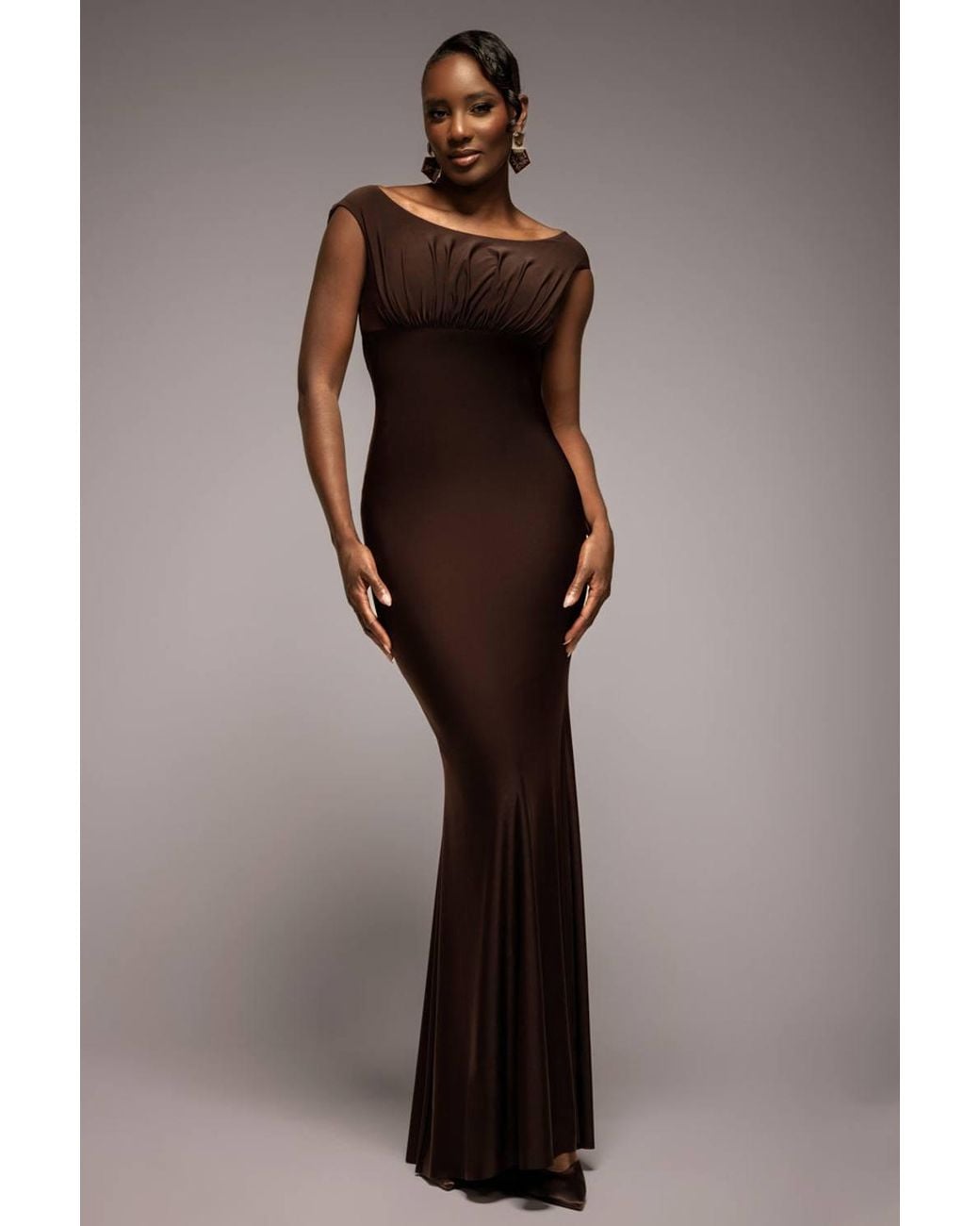Goddiva Brown Open Back Cowl Neck Gathered Maxi Dress With Velvet Tie Back