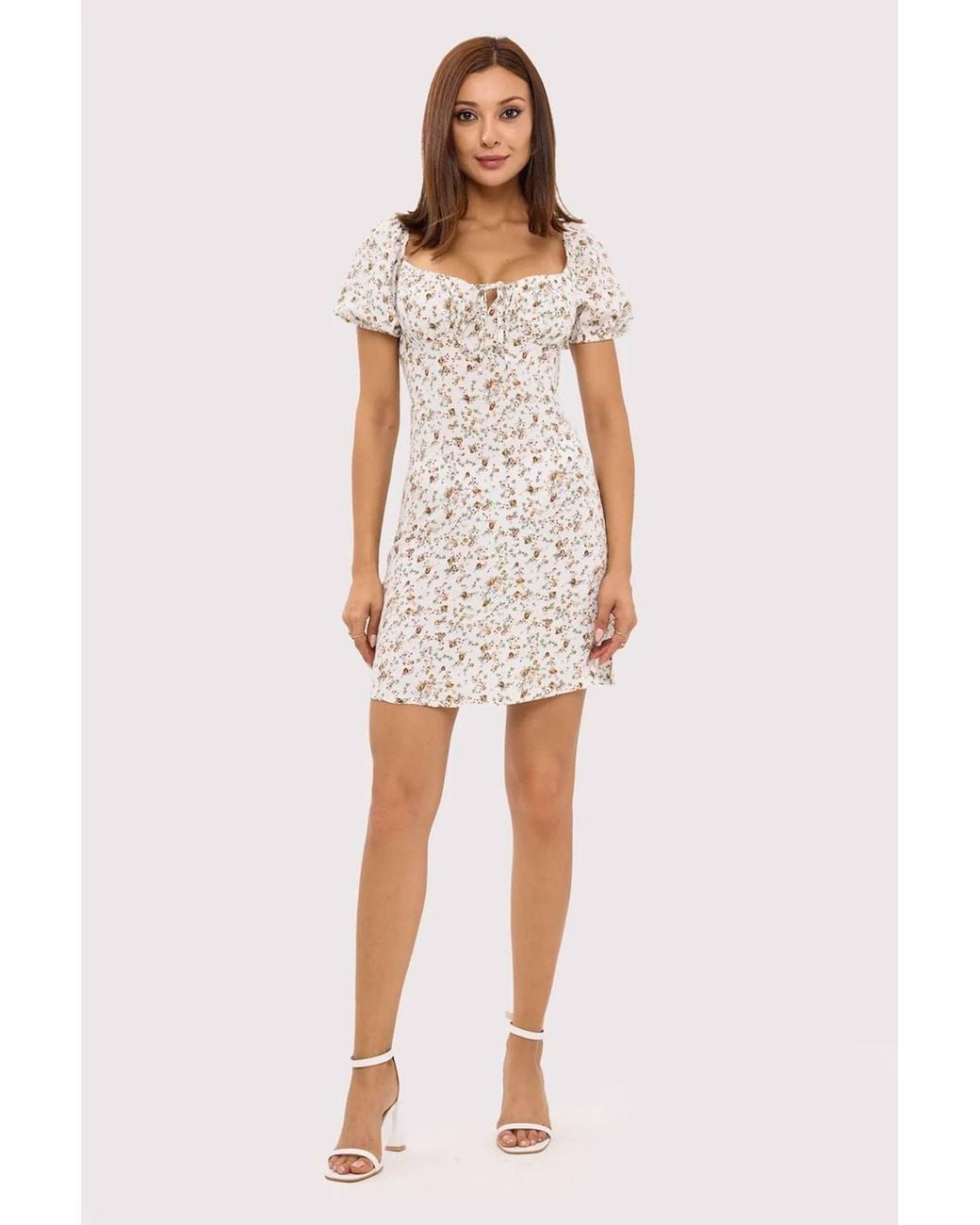 Hiccup White Floral Sweetheart Neck Mini Dress With A Balloon Sleeves