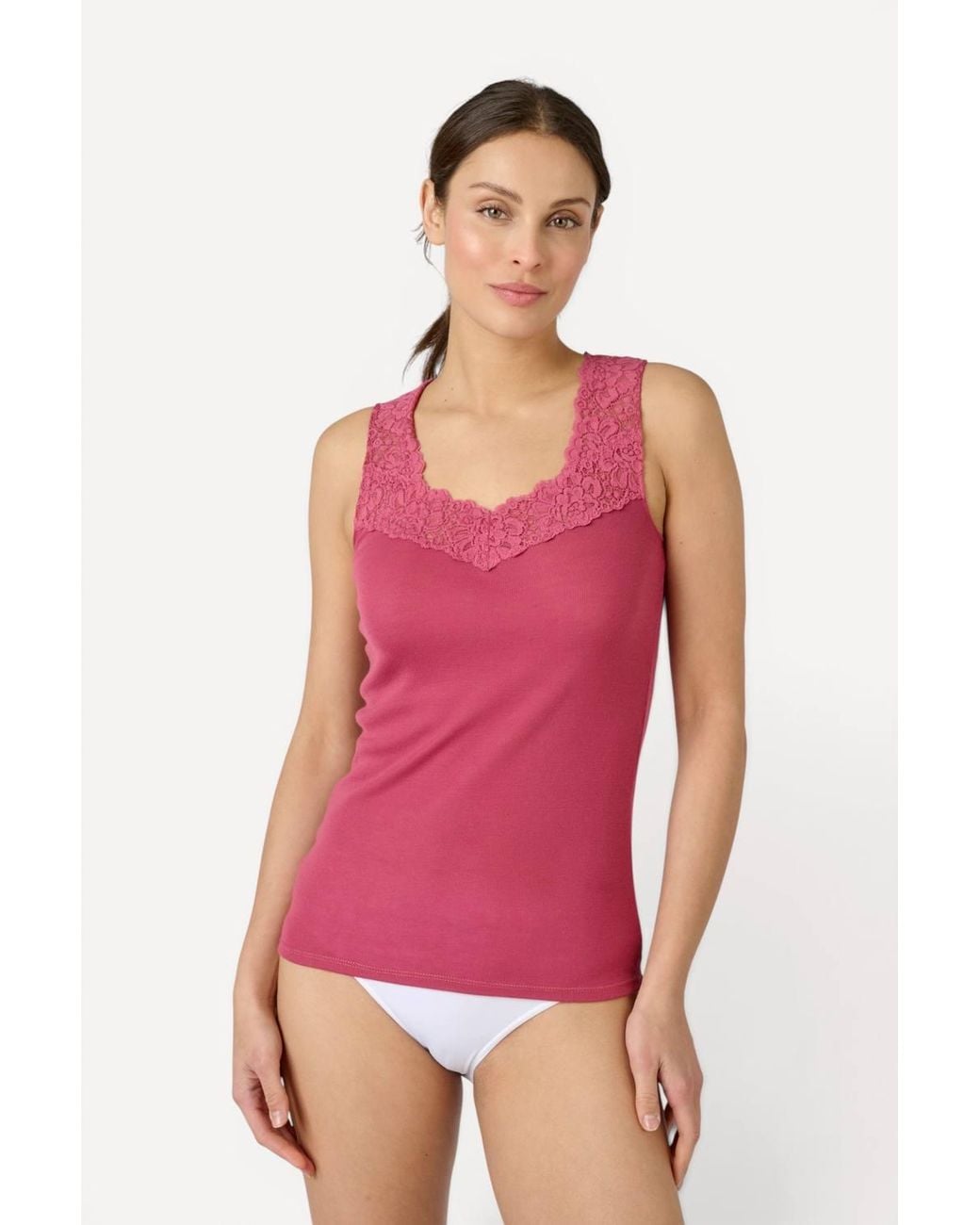 DAMART Pink Sleeveless Thermolactyl T-Shirt Lace Trim Regular Length Jersey