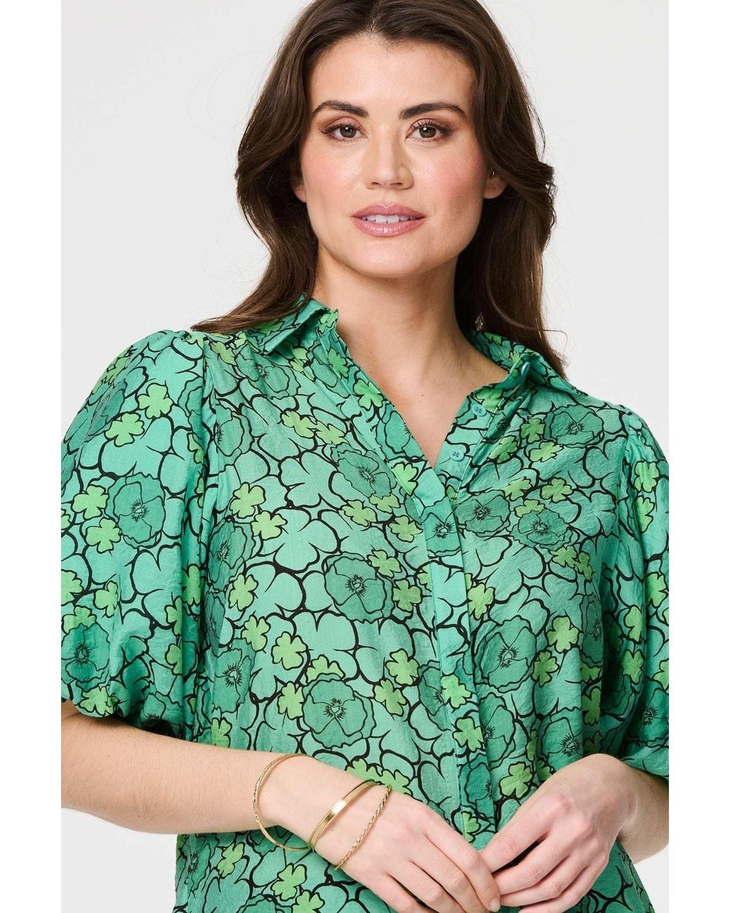 Izabel London Green Leaf Print 1/2 Puff Sleeve Blouse