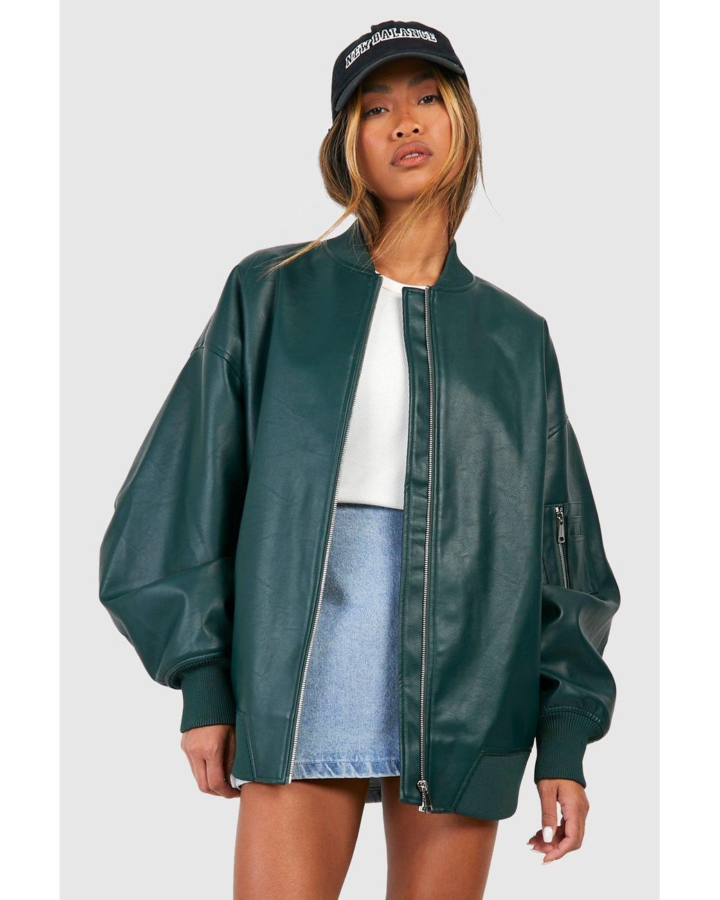 Boohoo Oversized Faux Leather Bomber Jacket in Green Lyst UK