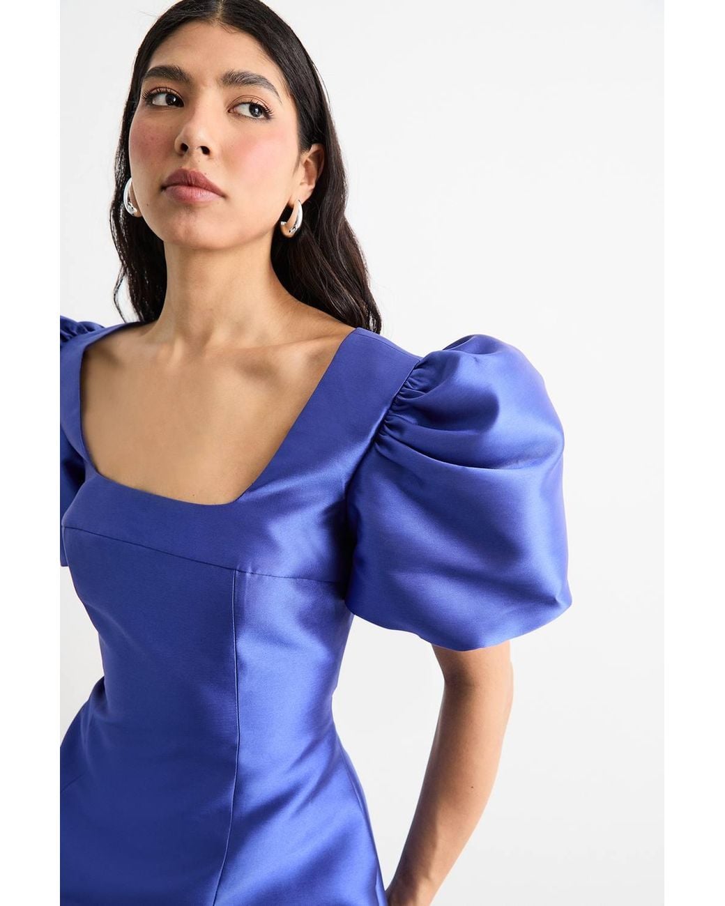 Warehouse Blue Puff Sleeve A-Line Mini Dress