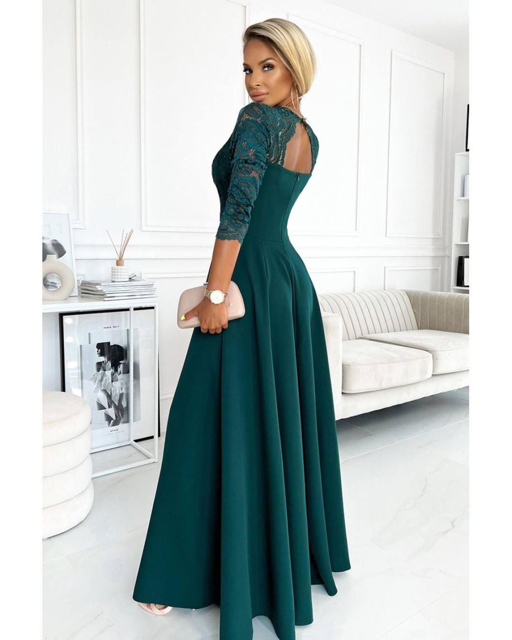 Love Lace Green Lace 3/4 Sleeve Elegant Maxi Dress With Slit
