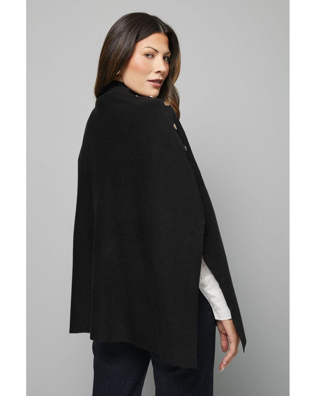 Wallis Black Button Detail High Neck Knitted Poncho Jumper