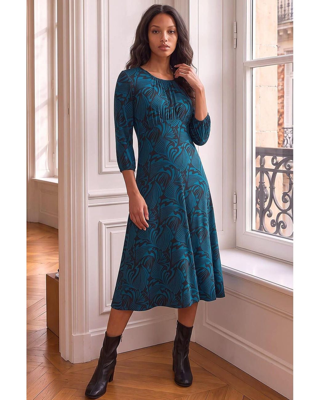 Roman Blue Petite Abstract Swirl Midi Dress