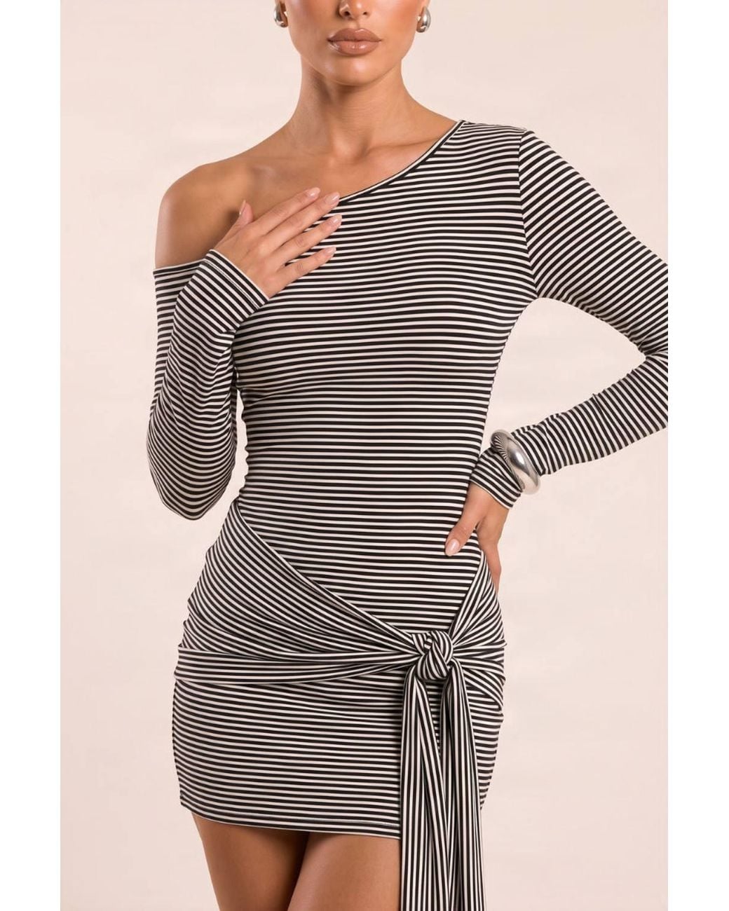 Rebellious Fashion Gray Naara Stripe Off-Shoulder Flare Sleeve Tie Drape Mini Dress