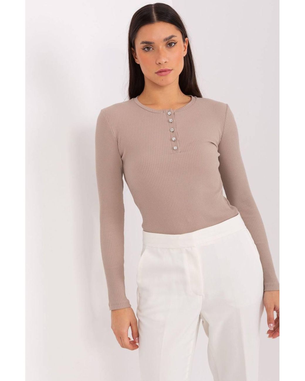 Love Lace Natural Cotton Ribbed Embellished Button Blouse