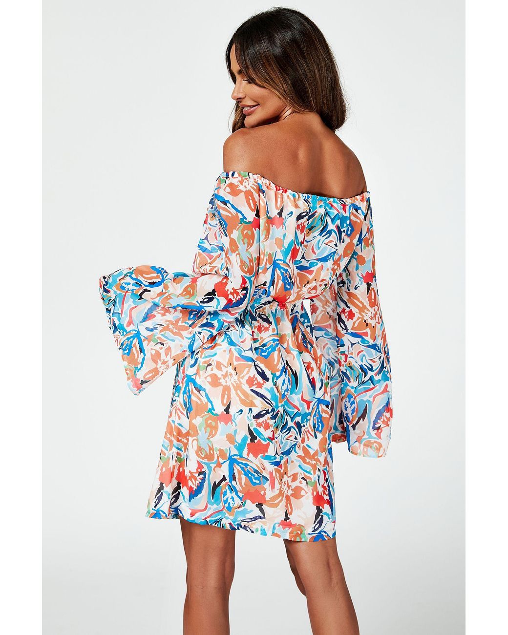 FS Collection Blue Flute Sleeve Bardot Dress With Tie Detail