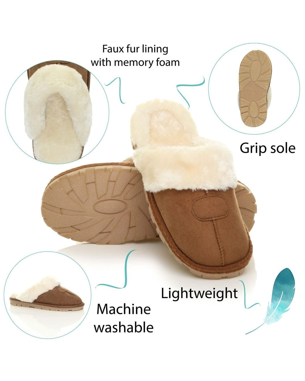 AJVANI Blue Faux Fur Lined Slip On Memory Foam Mules Slippers