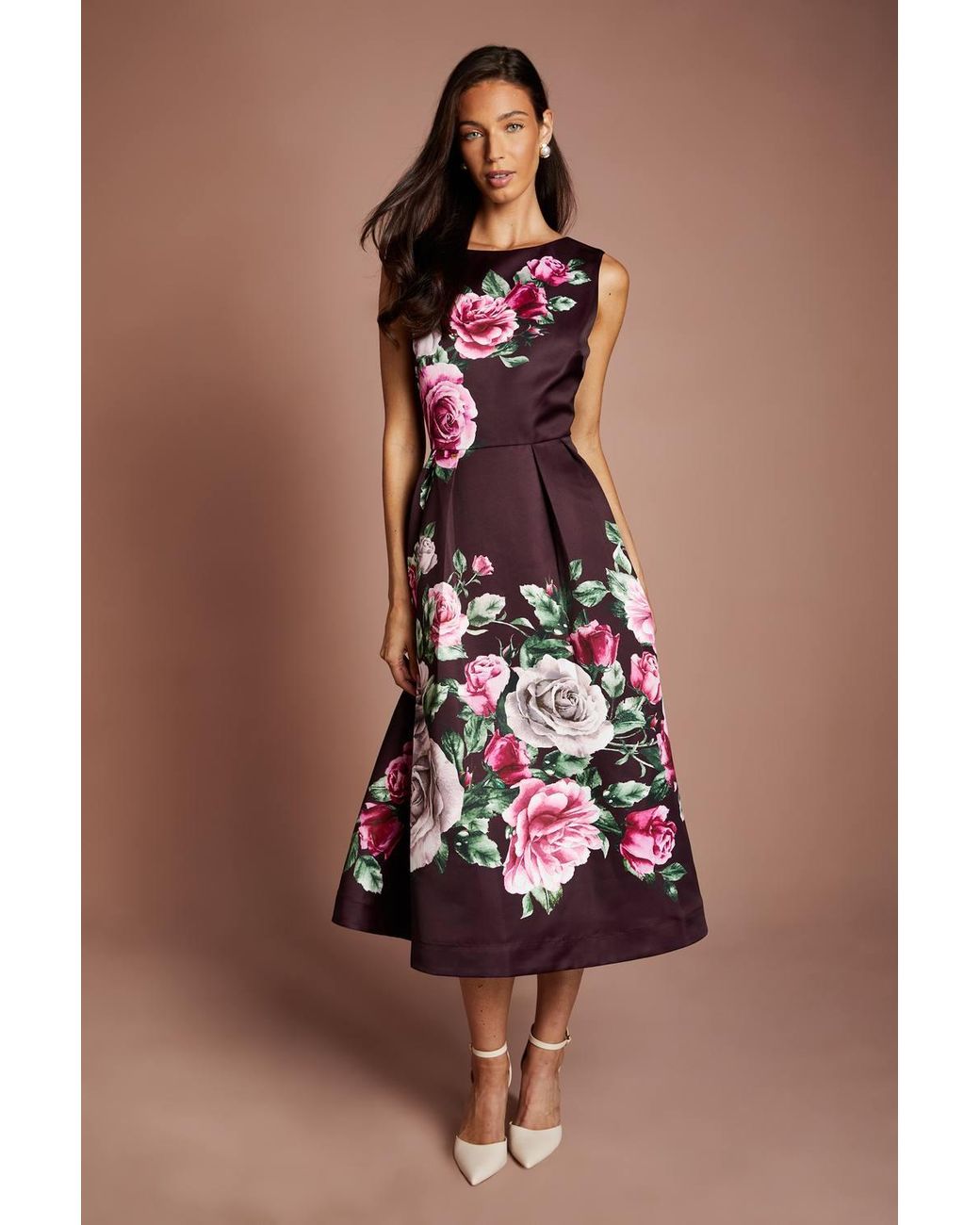 Coast Pocket Structured Satin Placement Print Midi Dress