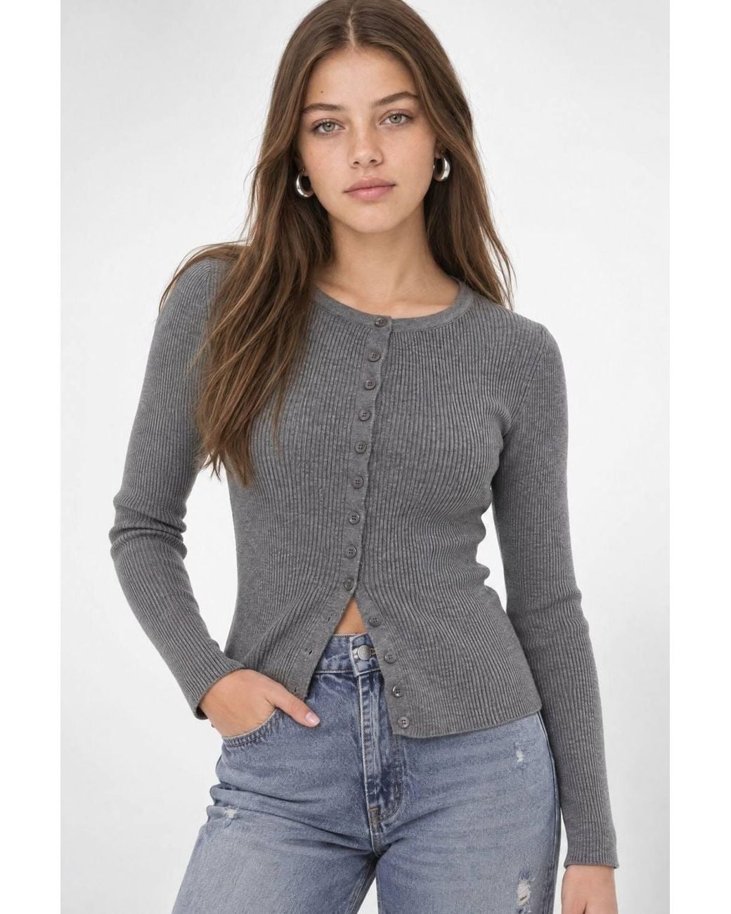 MixRay Gray Buttoned Slim Fit Ribbed Knit Cardigan