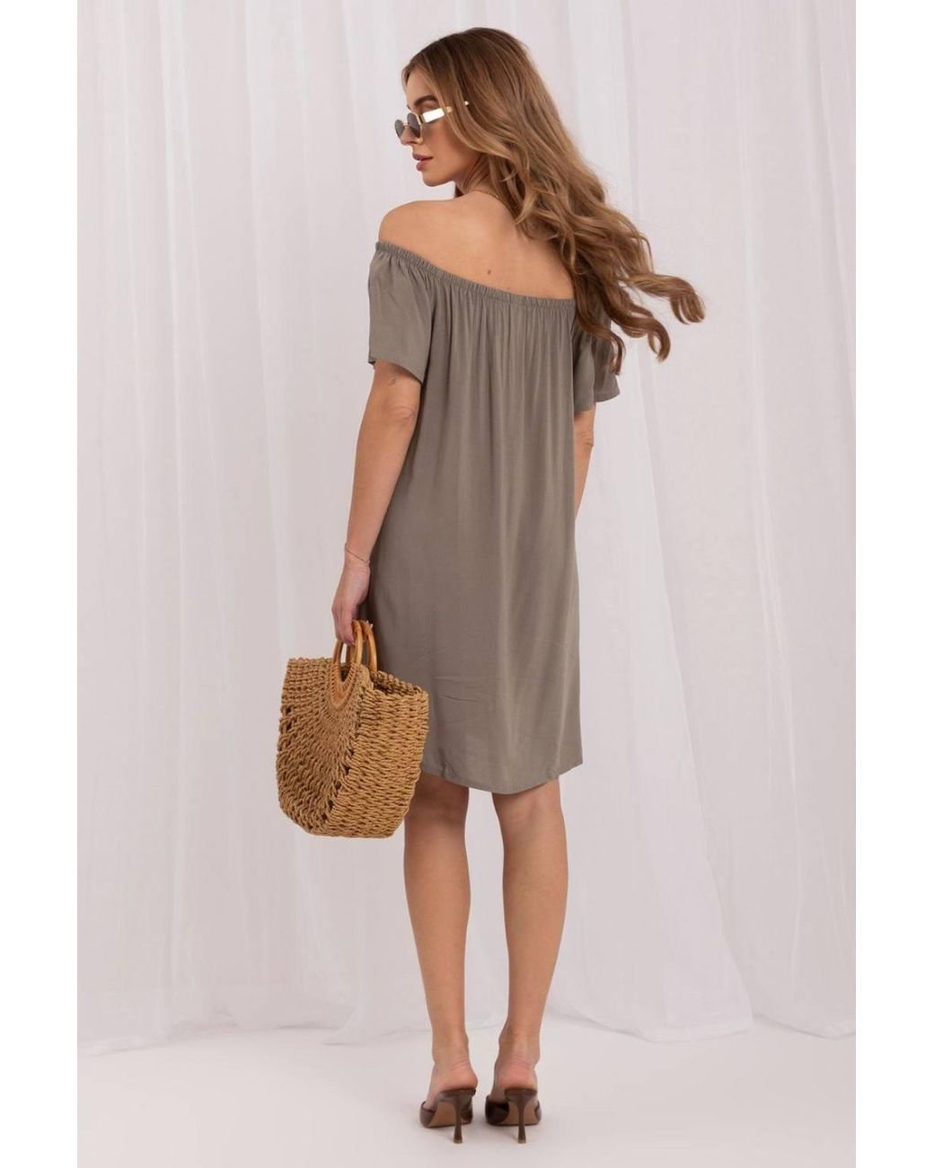 Love Lace Brown Viscose Oversized Short Sleeve Bardot Dress