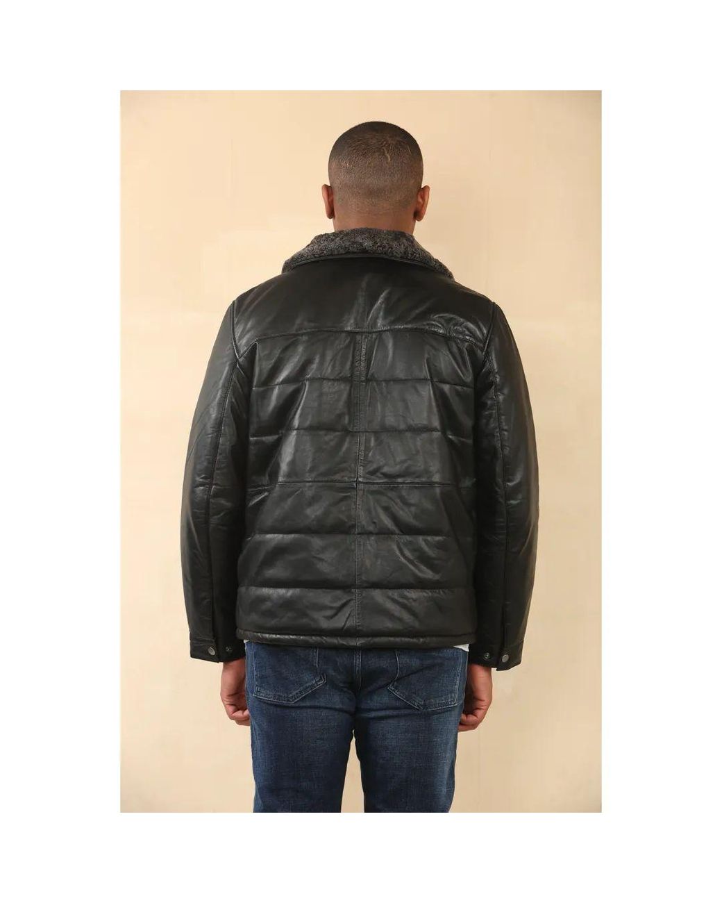 TruClothing Black Quilted Faux Fur Collar Leather Jacket for men