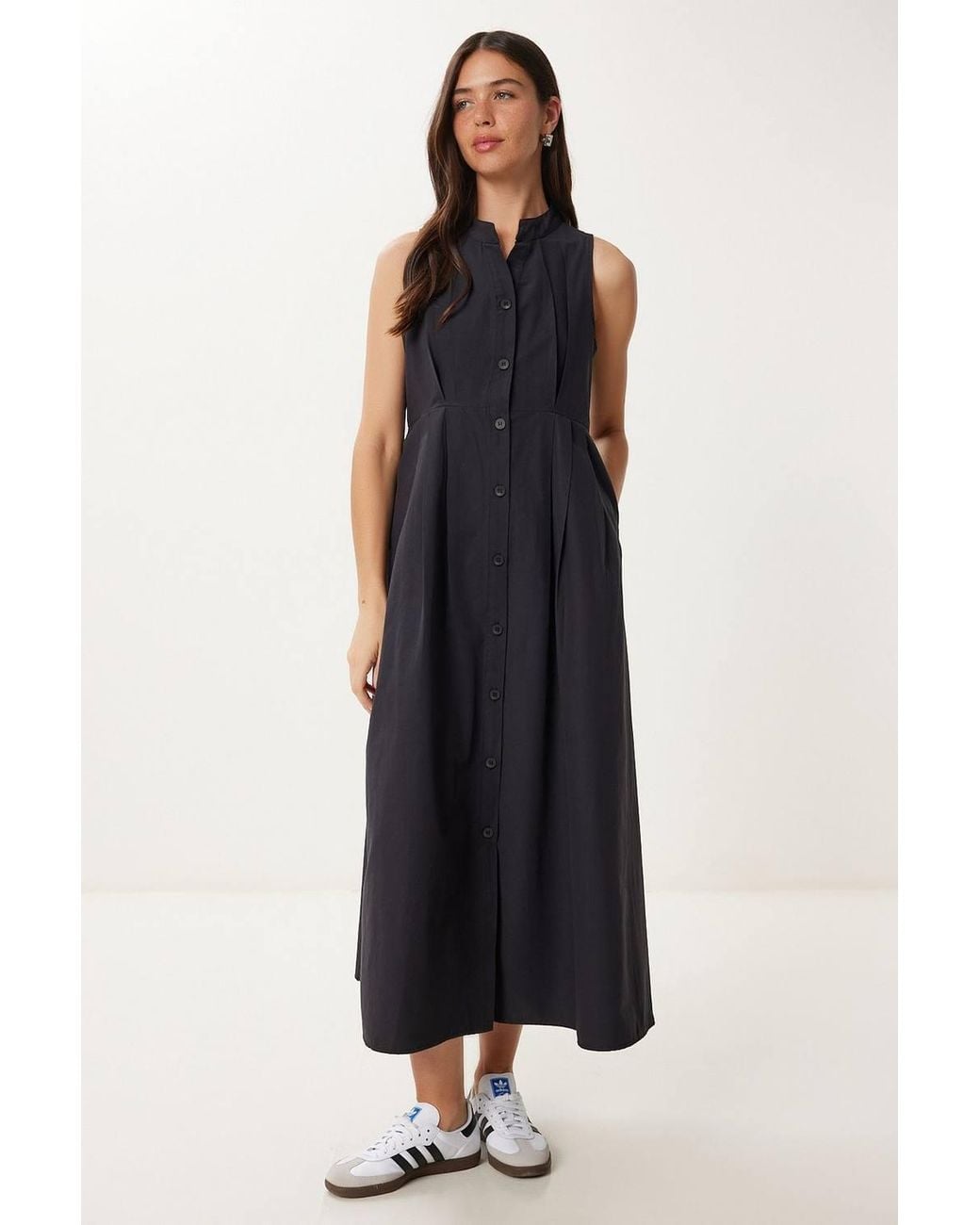 Happiness İstanbul Blue Mandarin Collar Sleeveless A-Line Midi Dress
