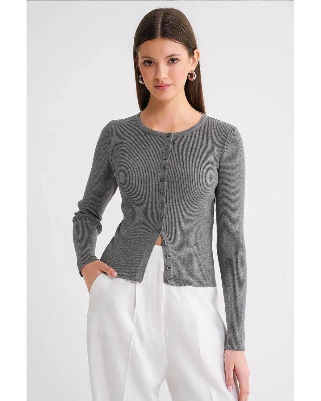 MixRay Gray Buttoned Slim Fit Ribbed Knit Cardigan