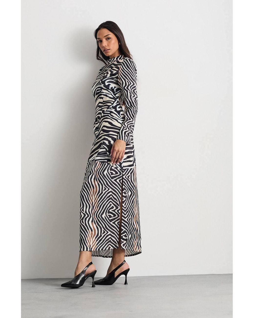 Warehouse Gray Zebra Printed Satin Panelled Maxi Dress