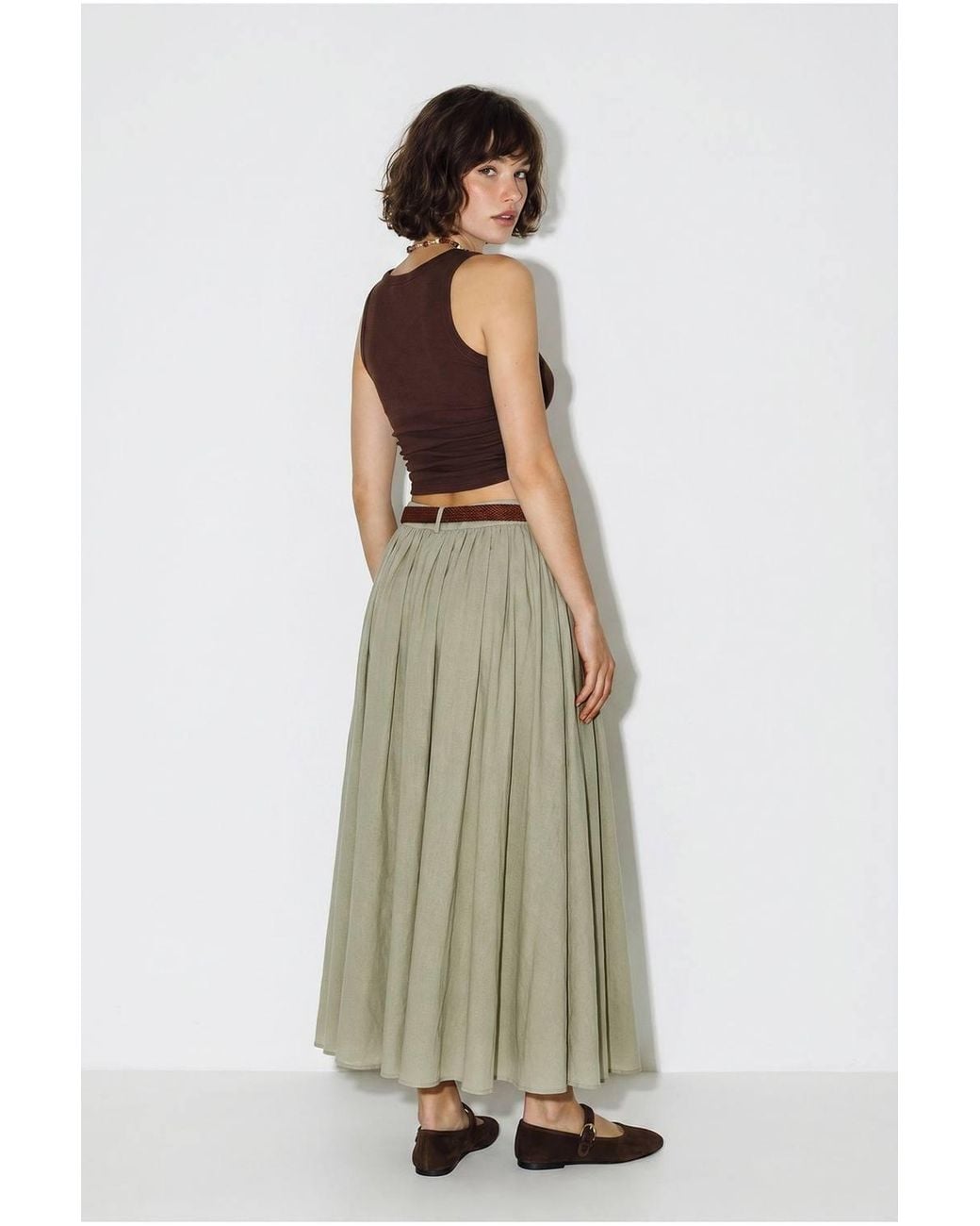 Bianco Lucci Green High-Waist Pleated Maxi Skirt