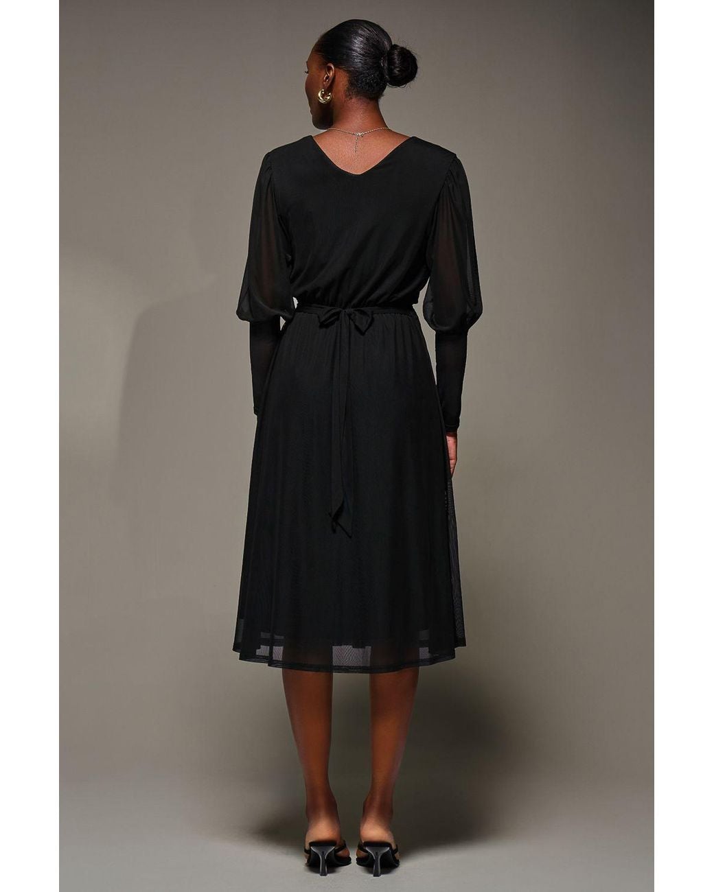 Jolie Moi Black Mesh Long Puff Sleeve Wrap Midi Dress