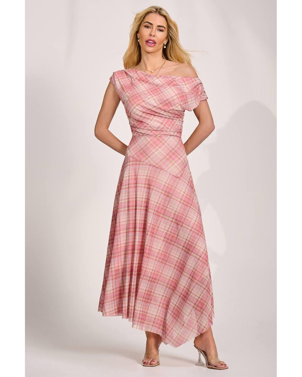 Jolie Moi Pink Asymmetric Draped Mesh Maxi Dress