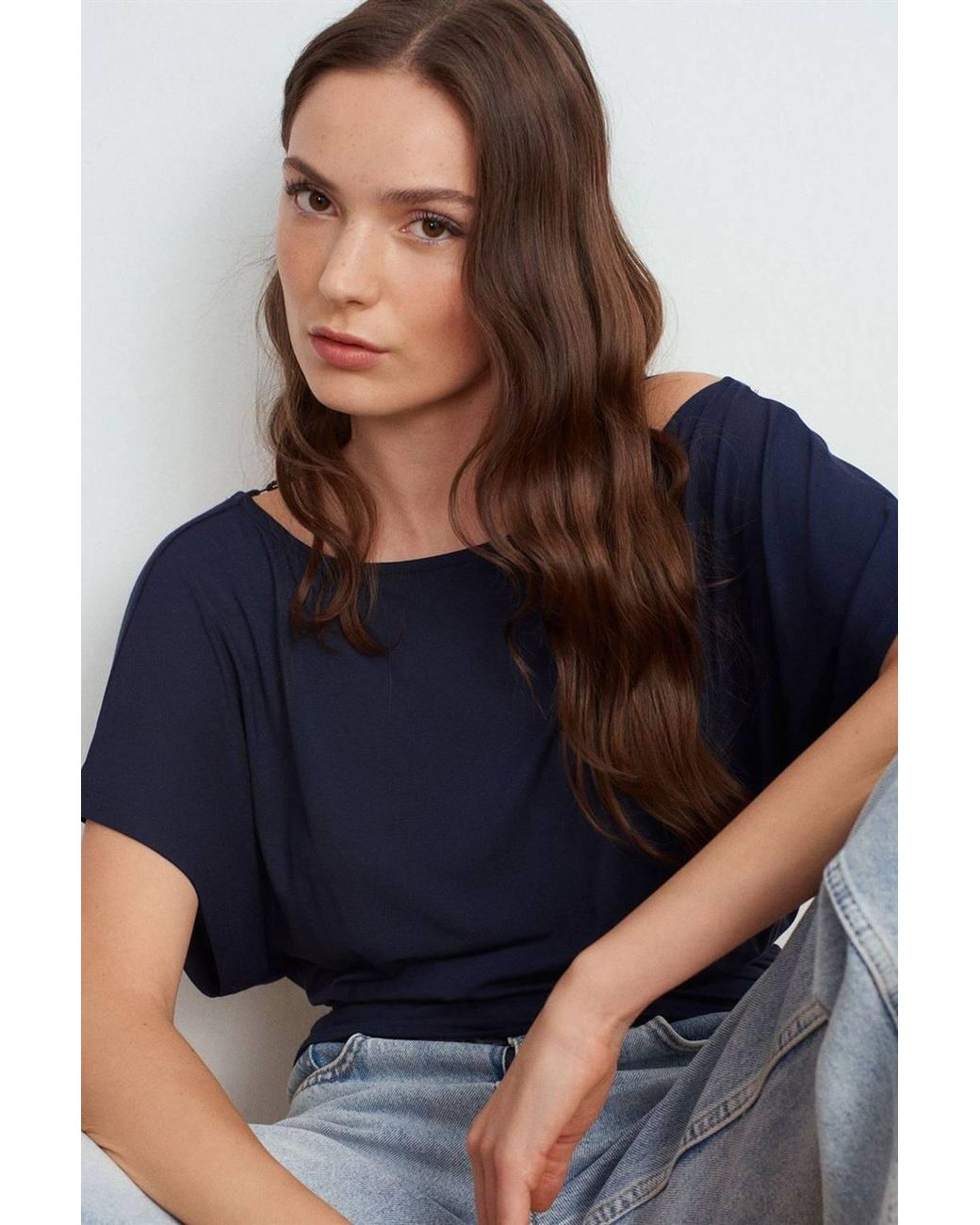 Dilvin Blue Modal Blend Cut-Out Crew Neck Blouse