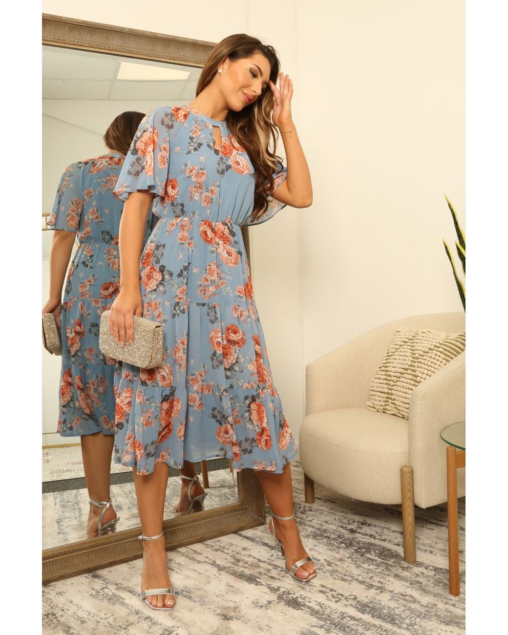 Double Second Blue Floral Floaty Raglan Sleeve Tiered Dress