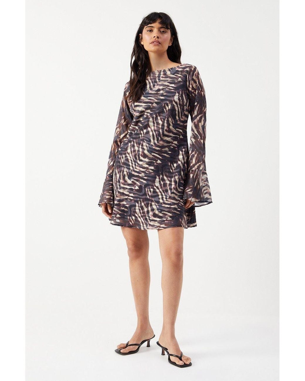 Warehouse Brown Zebra Burnout Chiffon Bias Tie Back Mini Dress