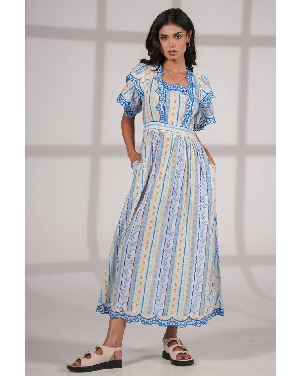 Rose & Nancy Blue Bella--An--Ditsy-Print-Embroidered-Midi-Dress