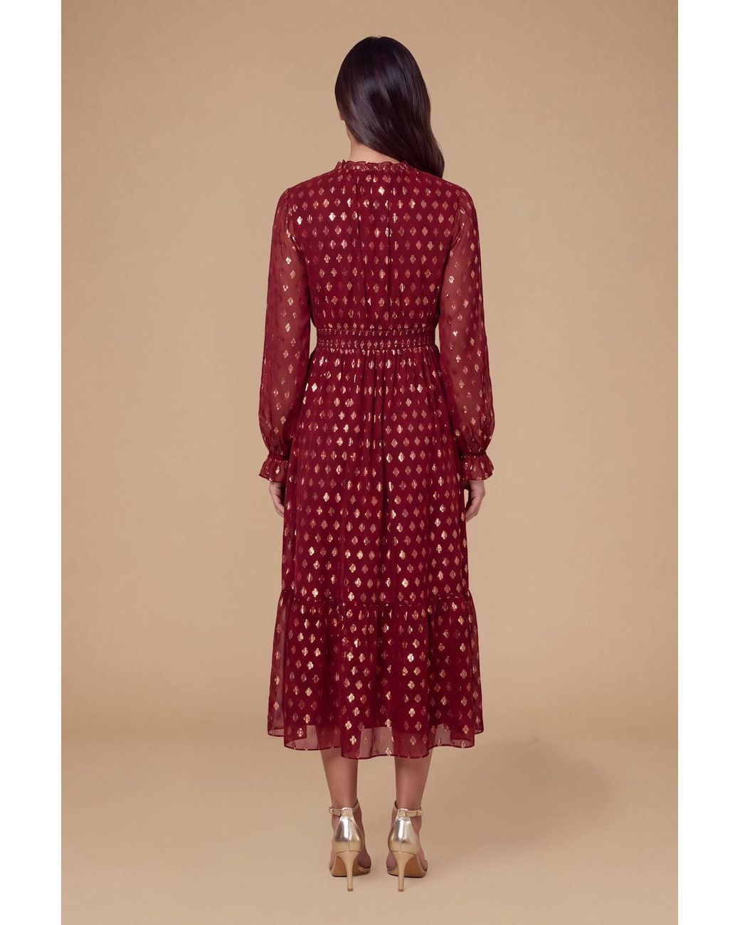 Dorothy Perkins Red Petite Tie Neck Metallic Jacquard Blouson Sleeve Midaxi Dress