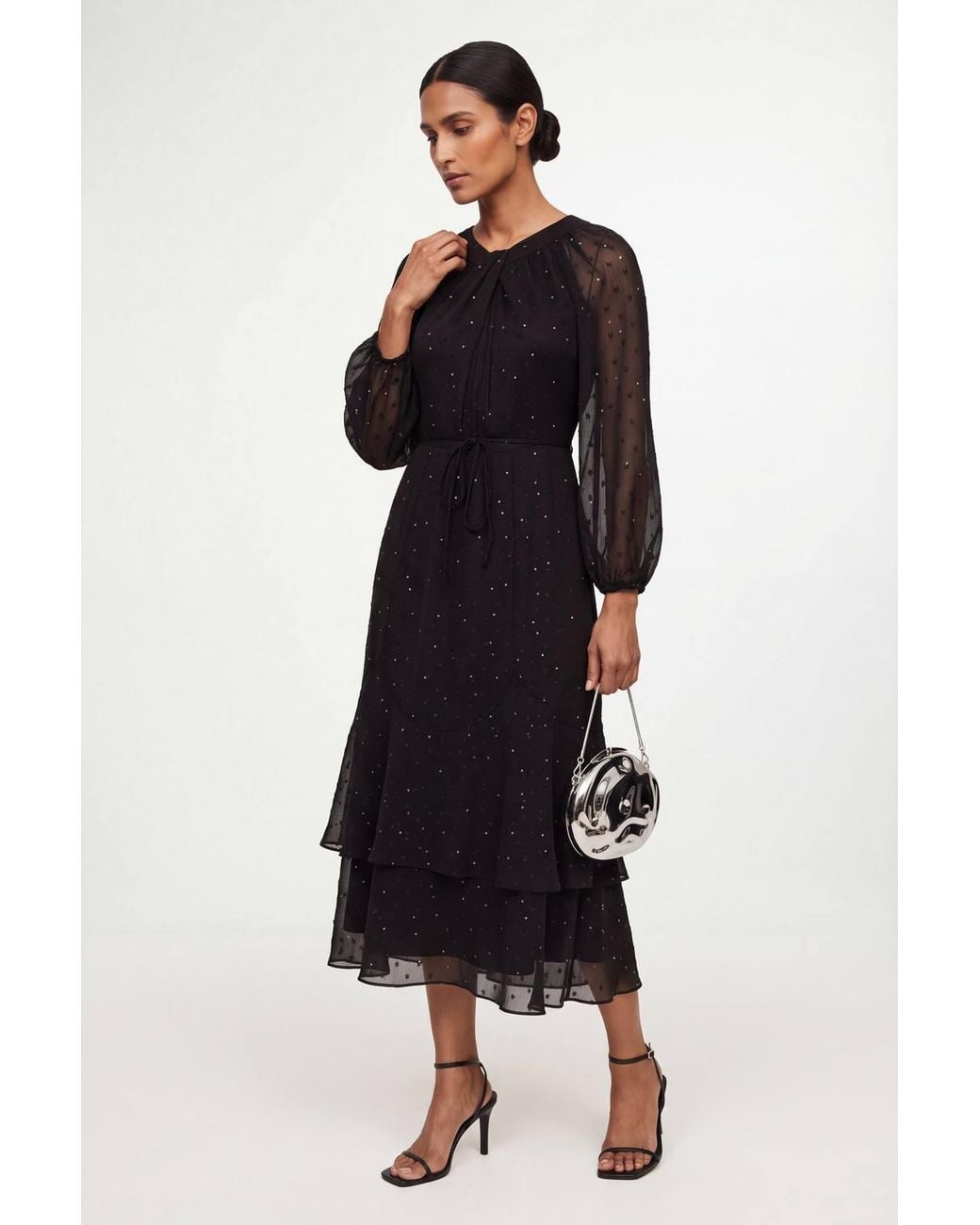 Wallis Black Printed Metallic Twist Neck Midi Dress