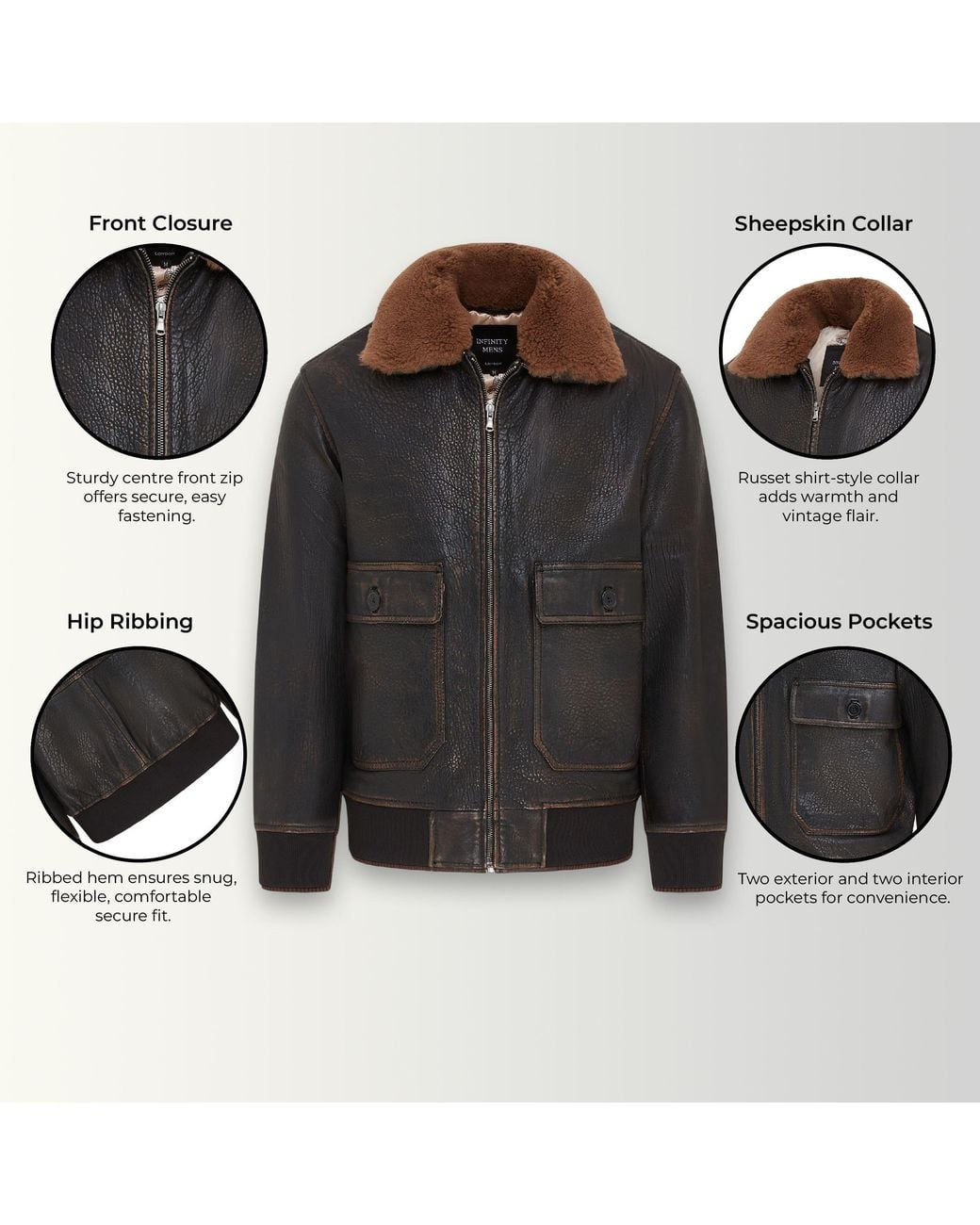 Infinity Leather Black Leather Bomber Sheepskin Collar G-1 Pilot Jacket for men