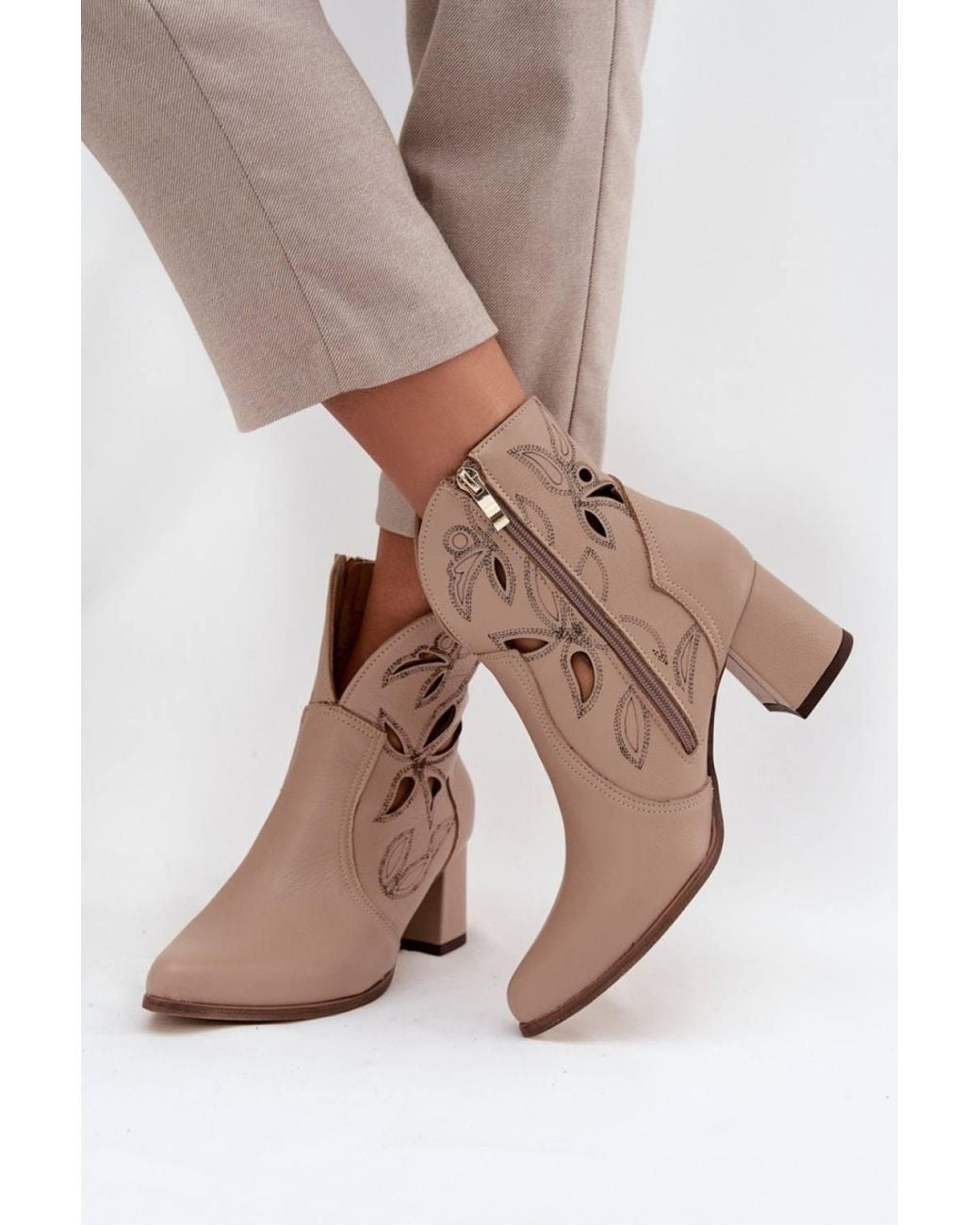 Love Lace Natural Everyday Pointed Toe Heeled Boots With Zip