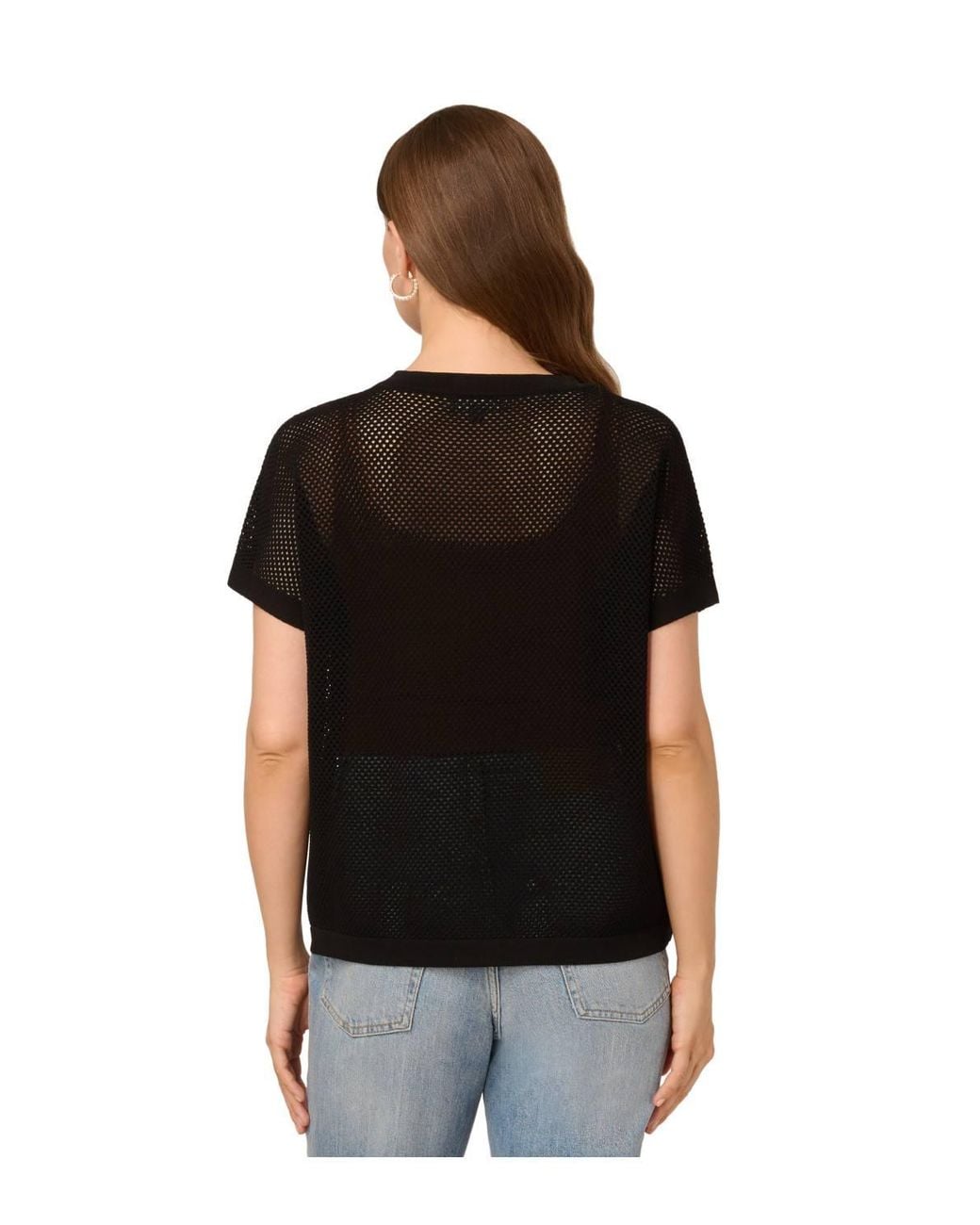 Adrianna Papell Black Short Sleeve Button Front Polo Fray Edge Sweater