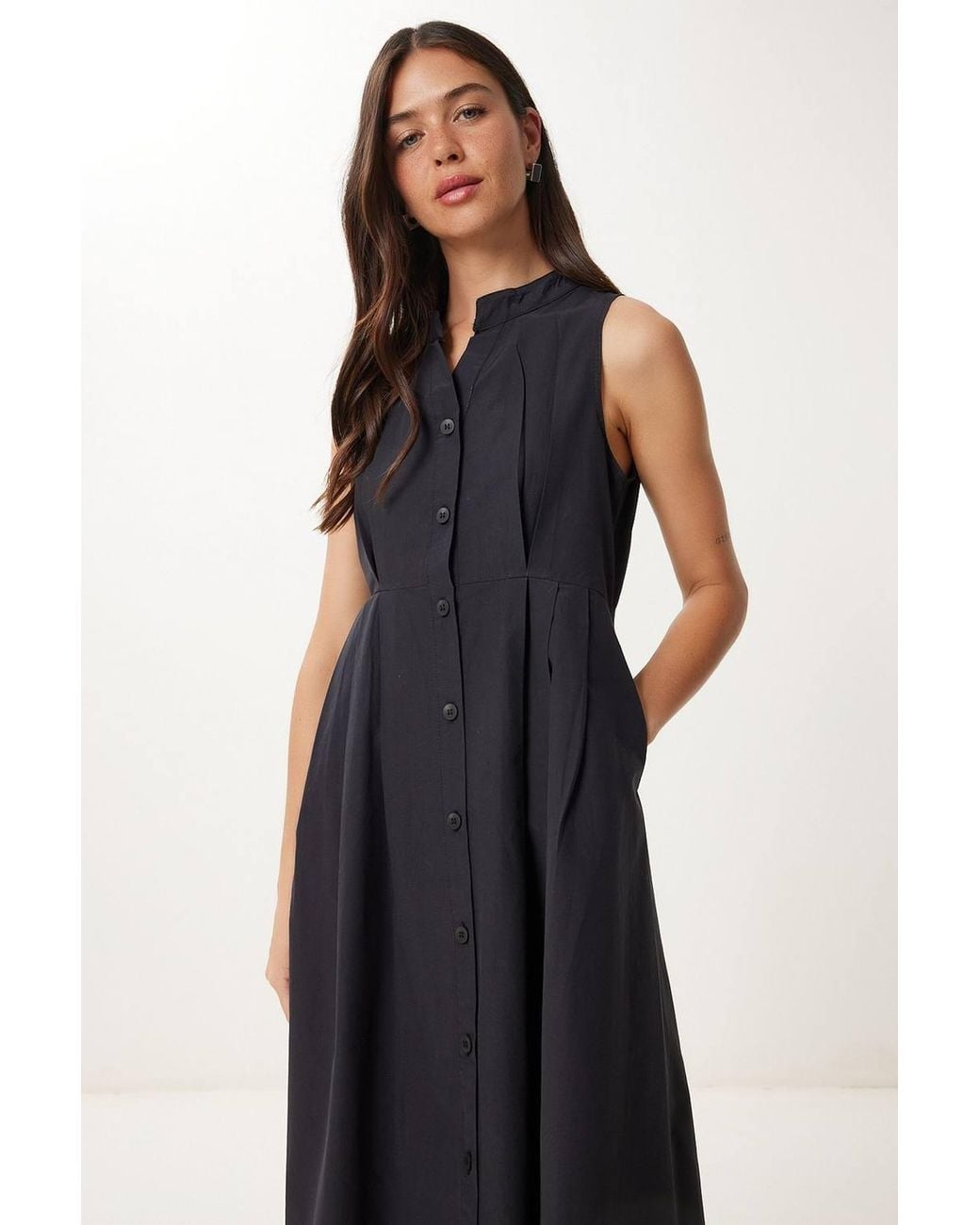Happiness İstanbul Blue Mandarin Collar Sleeveless A-Line Midi Dress