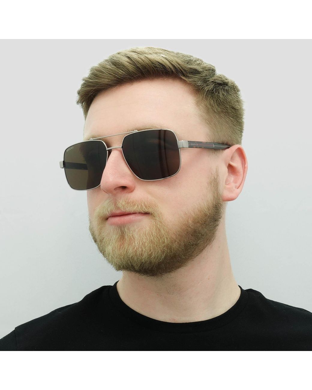 Gucci Brown Square Ruthenium Havana Sunglasses for men