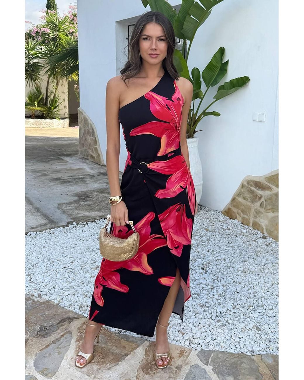 AX Paris Black Coral Floral Print One Shoulder O-Ring Midi Dress