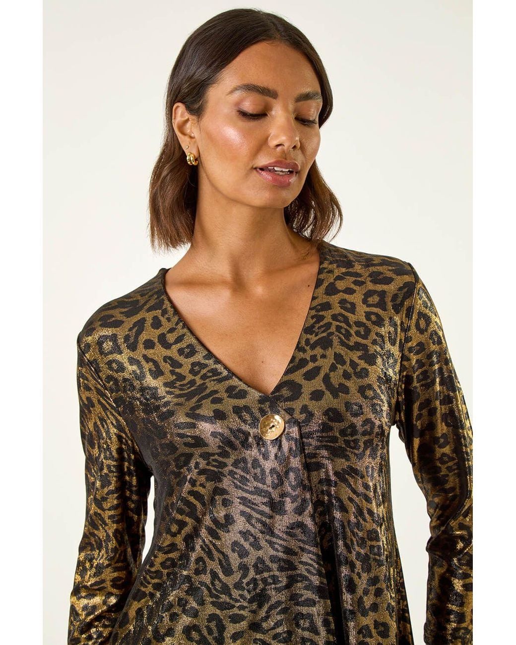 Roman Brown Metallic Animal Print Tunic Top