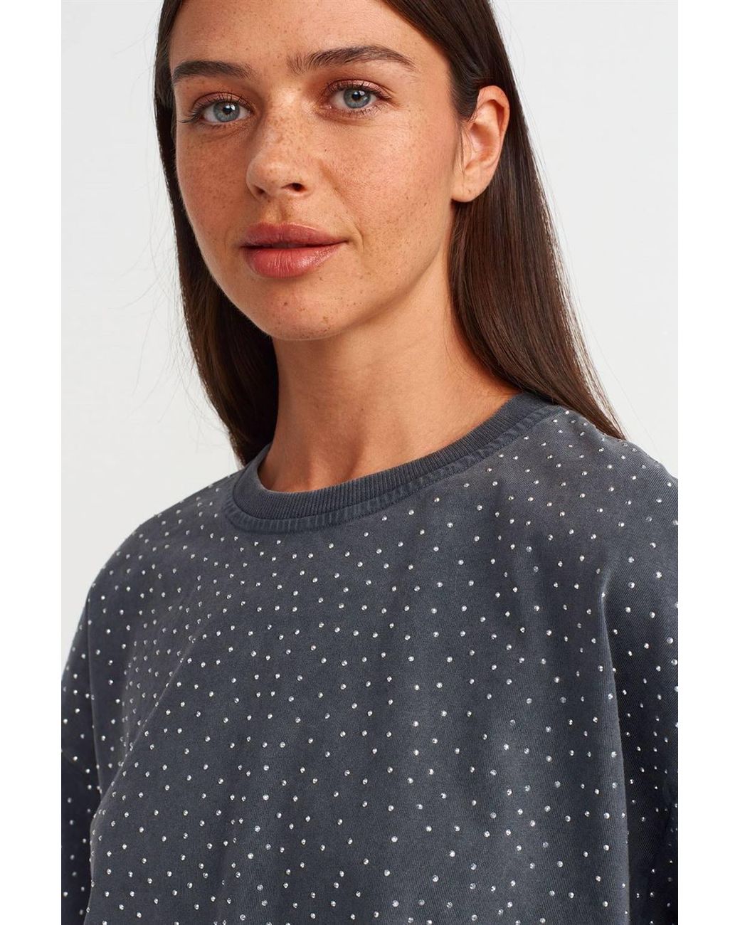 Dilvin Blue Oversized Crop Cotton Polka Dot T-Shirt