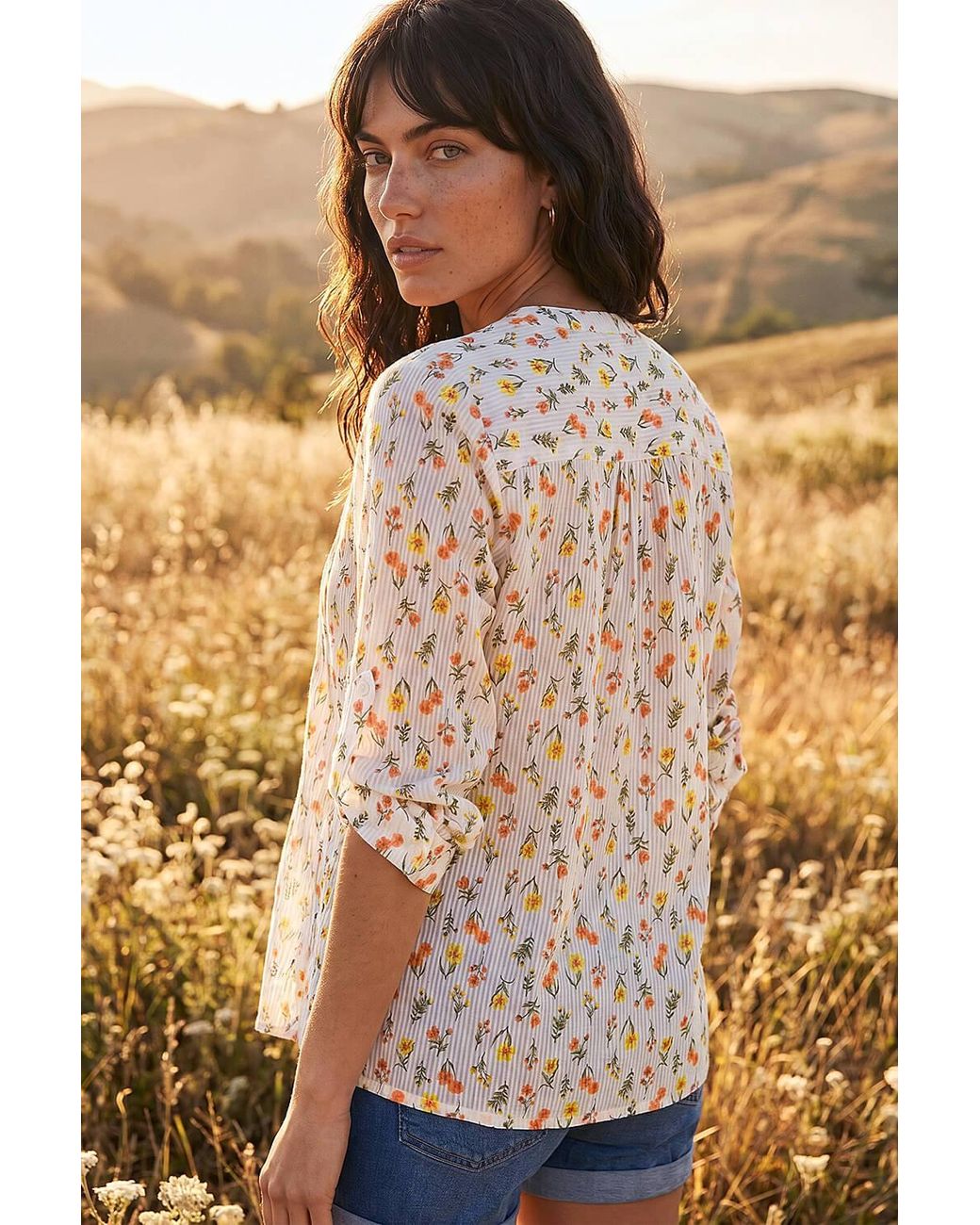 Roman Natural Floral Print Trim Blouse