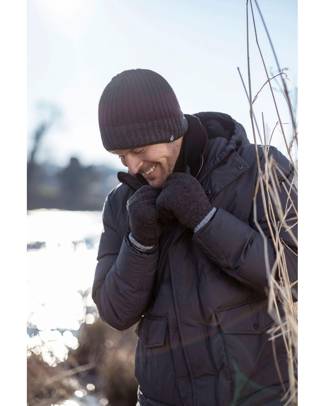 Heat Holders Blue Fleece Lined Striped Insulated Thermal Beanie Hat For Winter for men