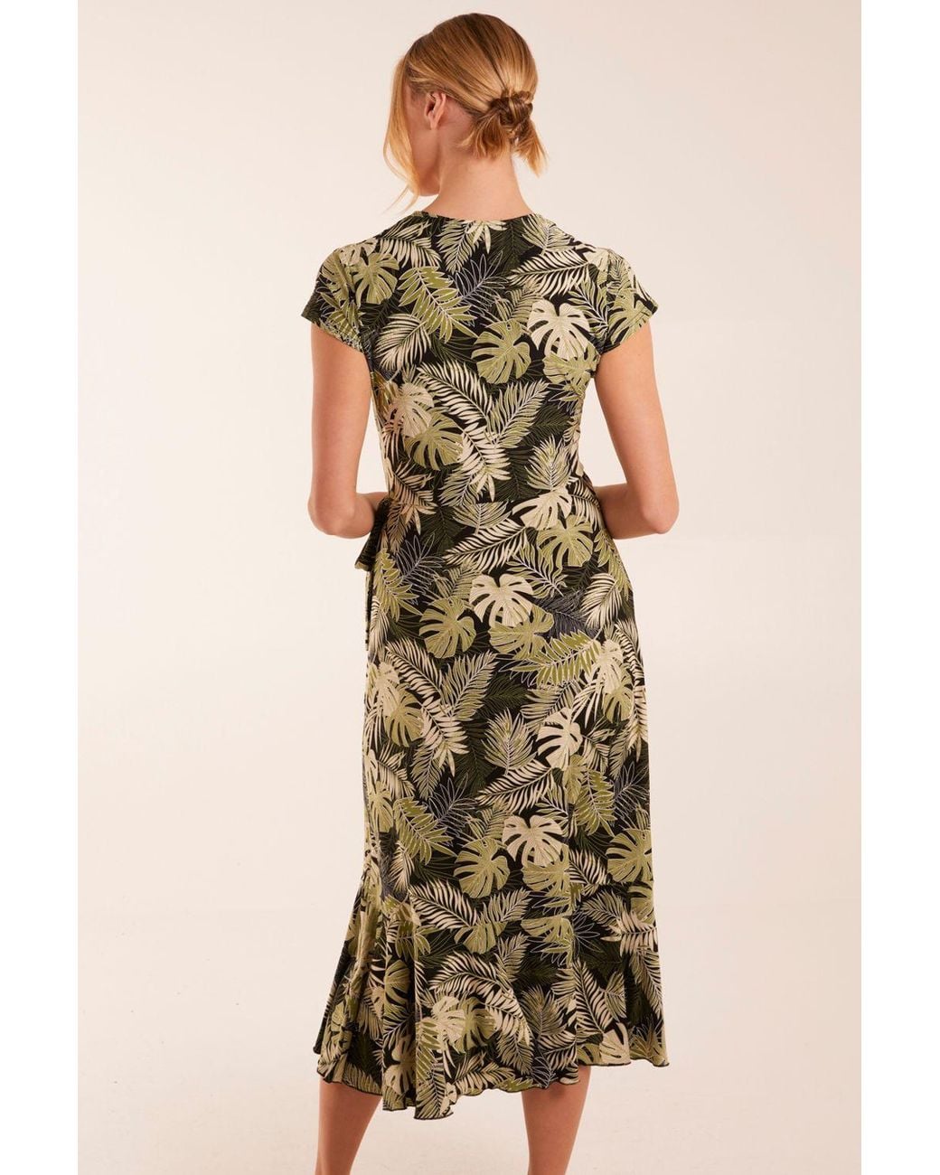 Blue Vanilla Black Tropical Print Wrap Front Midi Dress