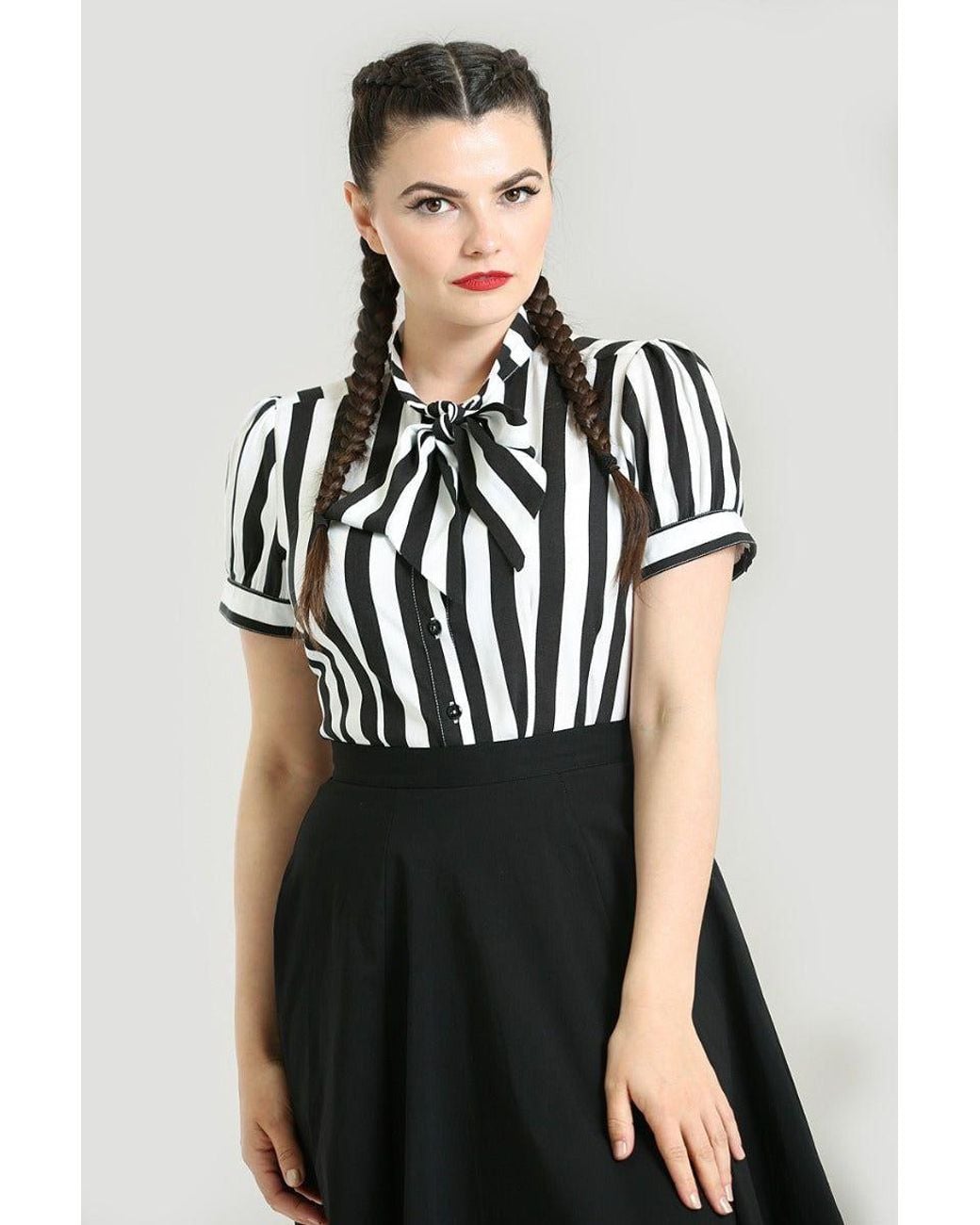 Hell Bunny Black Juno Striped Semi Fitted Blouse